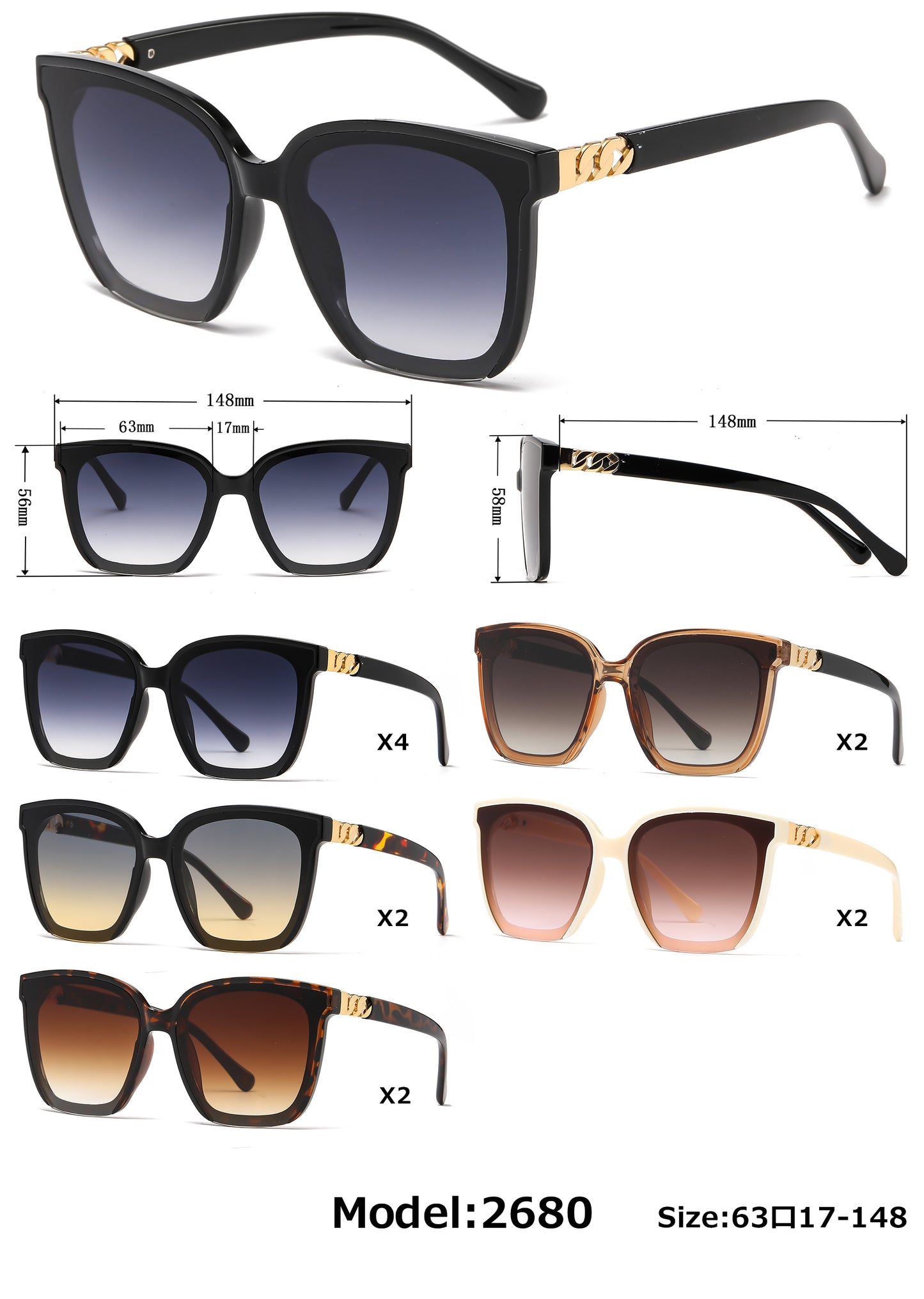 2680 - Plastic Square Butterfly Sunglasses with Flat Lens
