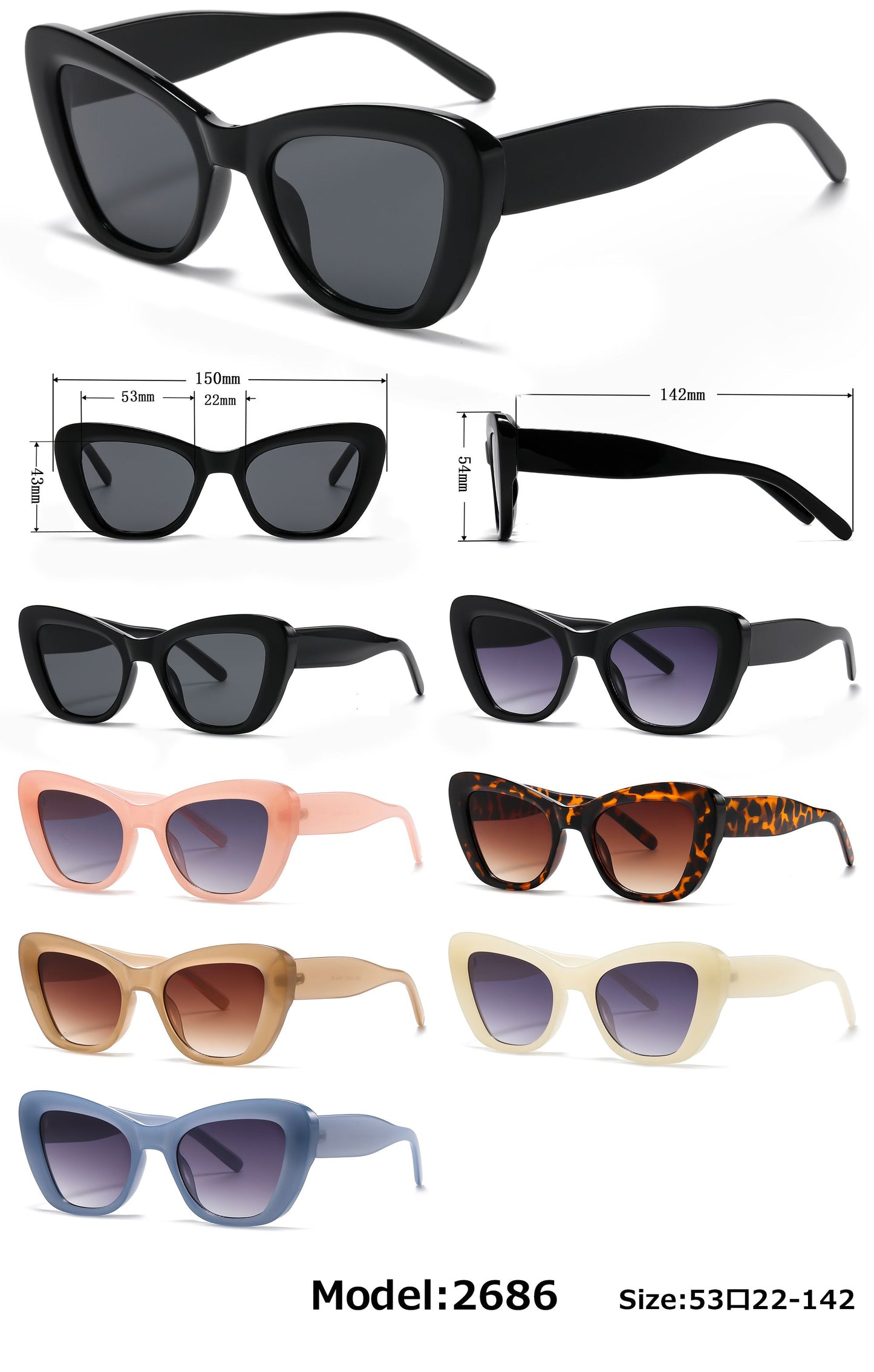 2686 - Women Cat Eye Plastic Sunglasses