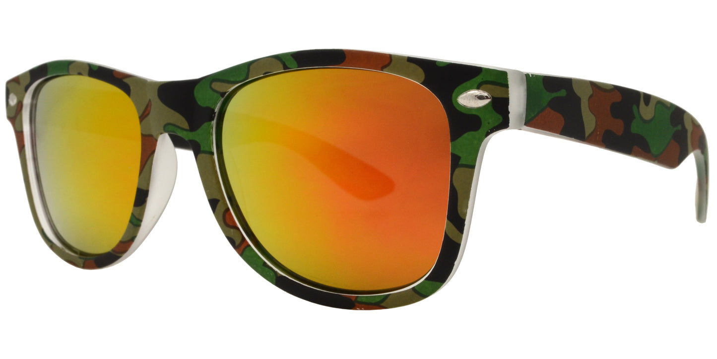 4567 Camo RV - Kids Classic Horn Rimmed Camo Print Sunglasses with Color Mirrored Lens