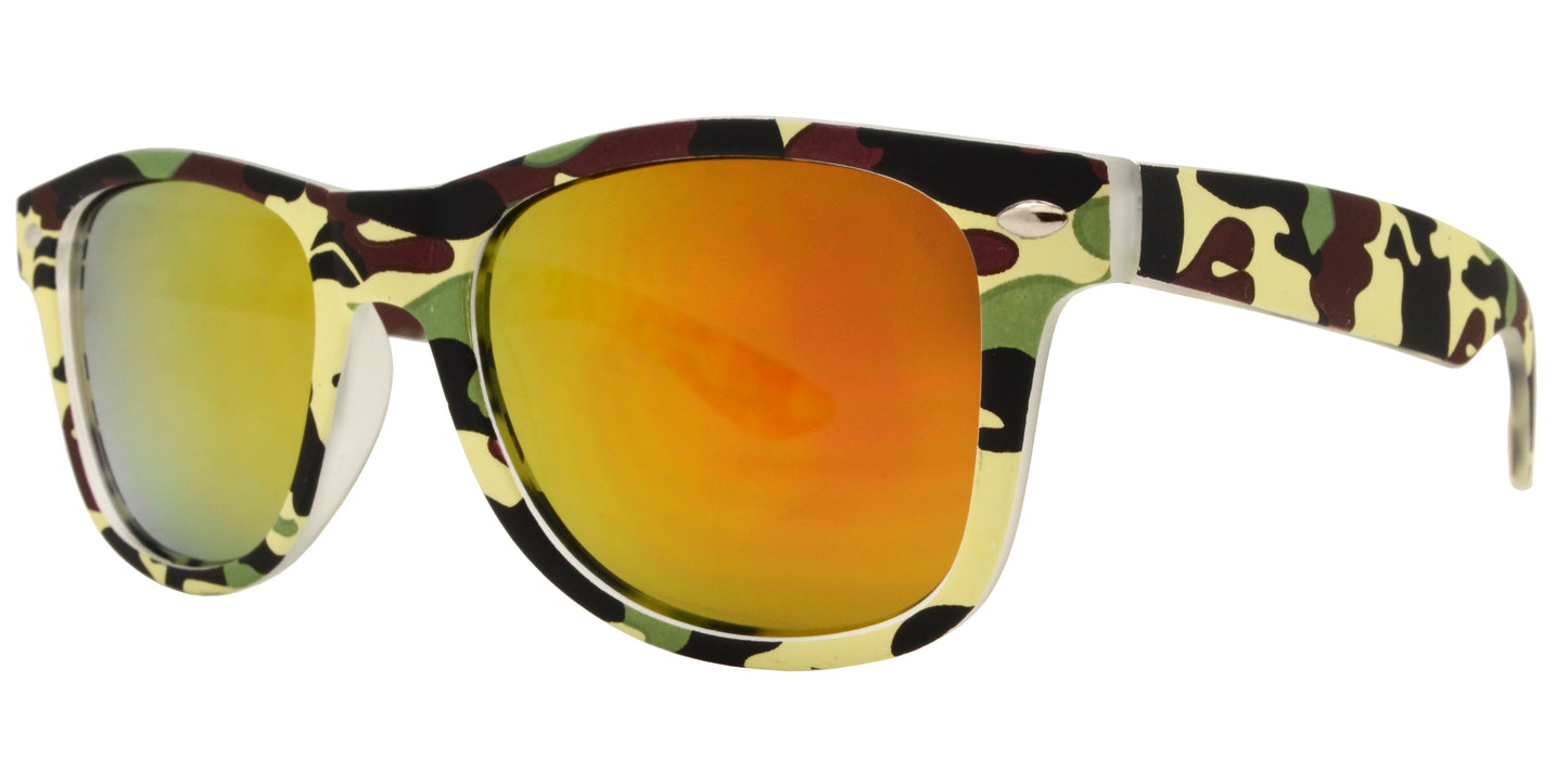 4567 Camo RV - Kids Classic Horn Rimmed Camo Print Sunglasses with Color Mirrored Lens