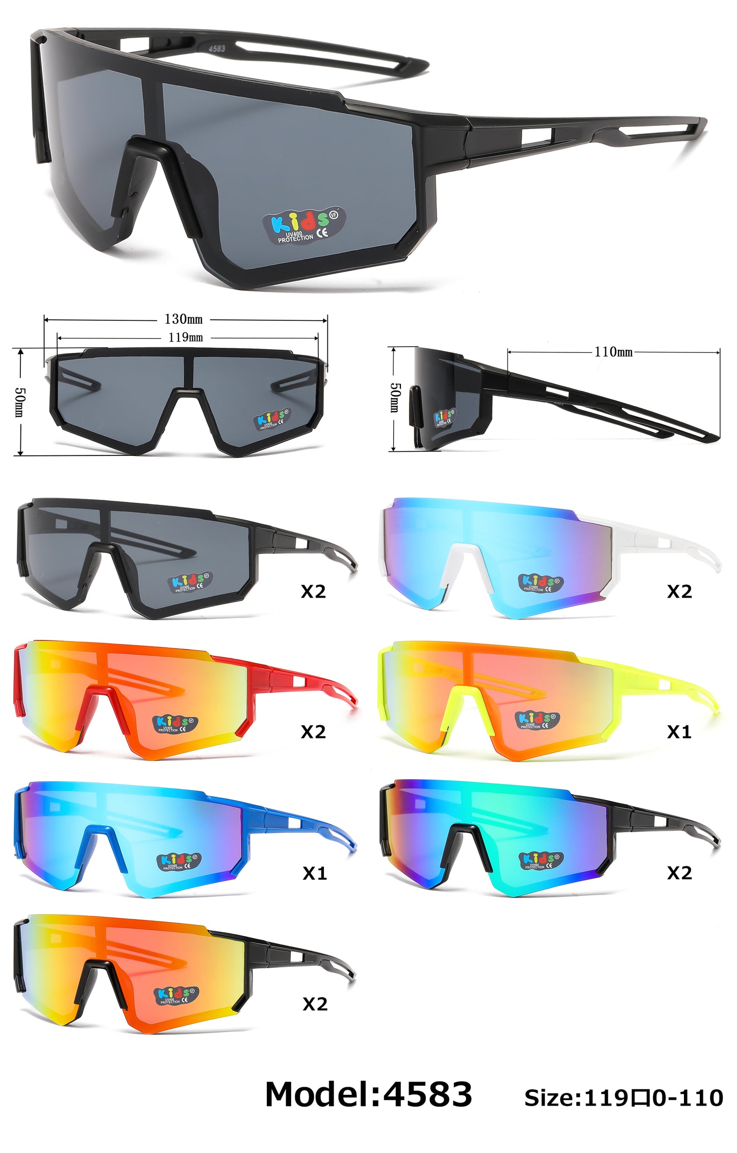 4583 - Kids Sports Shield Sunglasses with Color Mirrored Lens