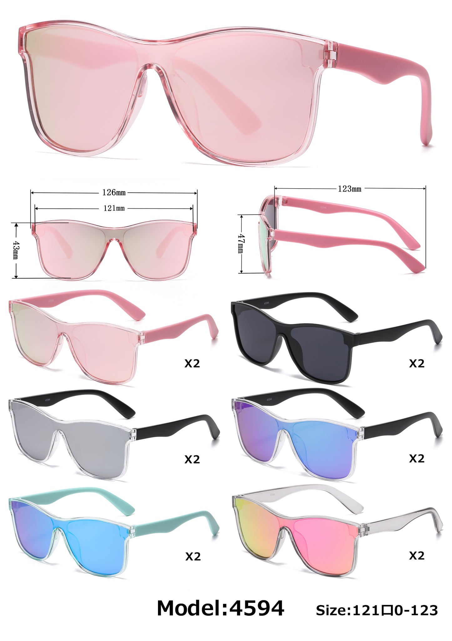 4594- Kids Classic One Piece Lens Plastic Sunglasses with Color Mirrored Lens