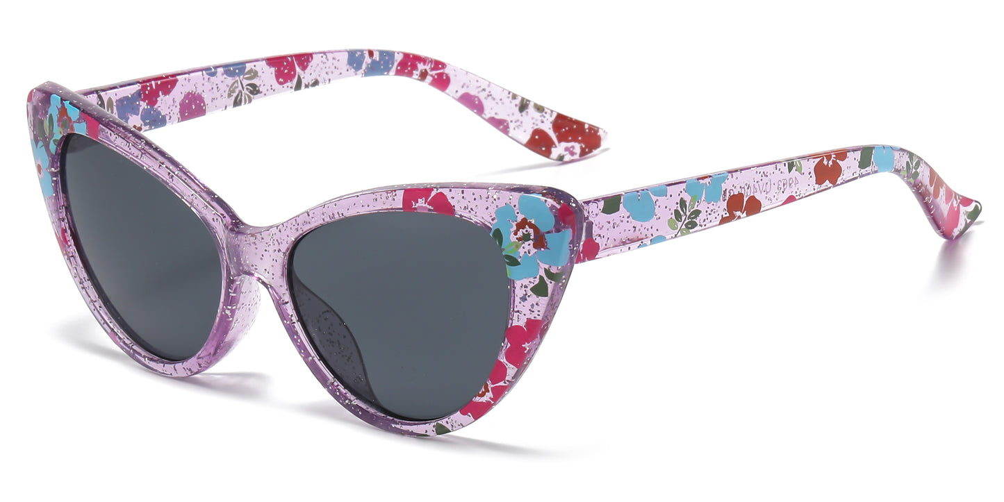 4903 - Kids Cat Eye Flower Print Plastic Sunglasses