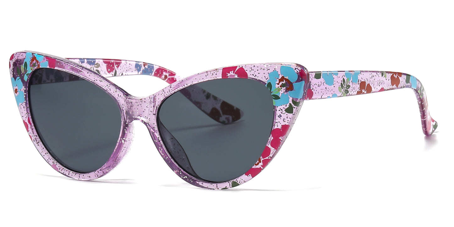 4903 - Kids Cat Eye Flower Print Plastic Sunglasses