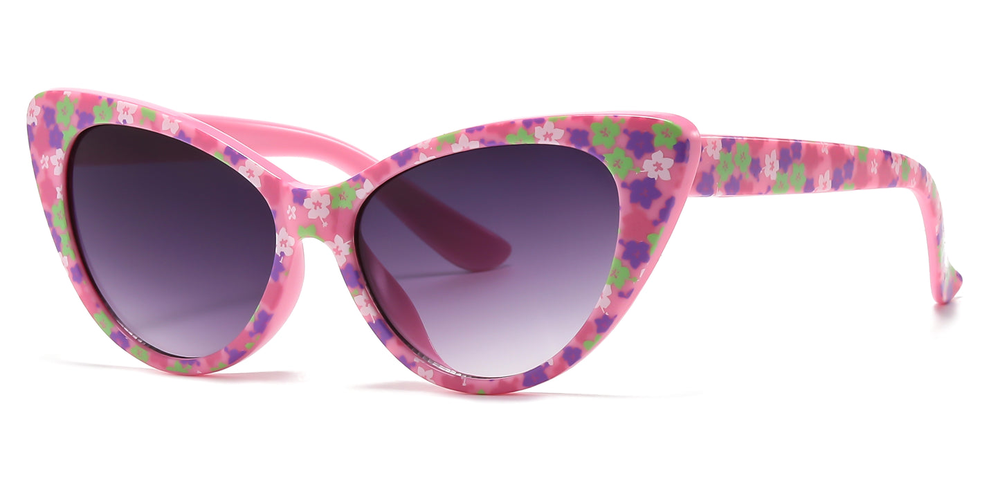 4903 - Kids Cat Eye Flower Print Plastic Sunglasses