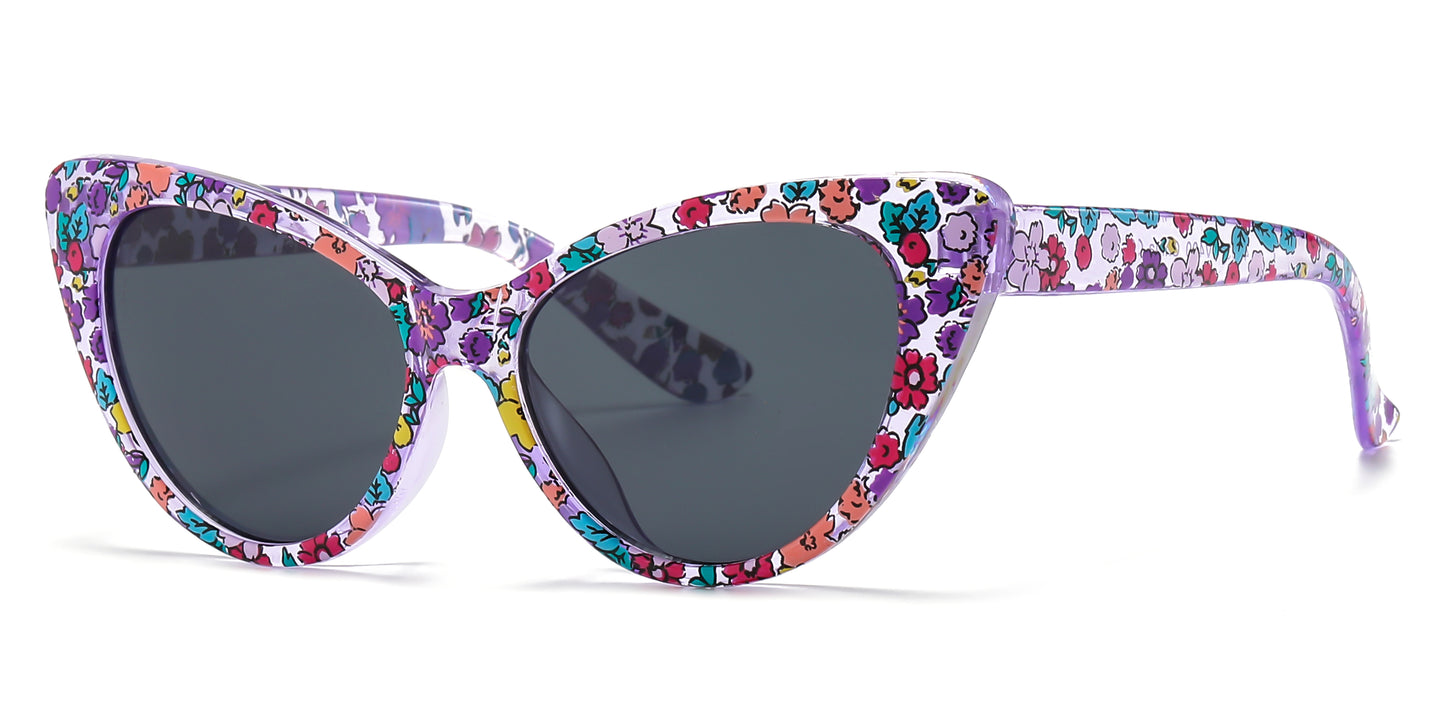 4903 - Kids Cat Eye Flower Print Plastic Sunglasses