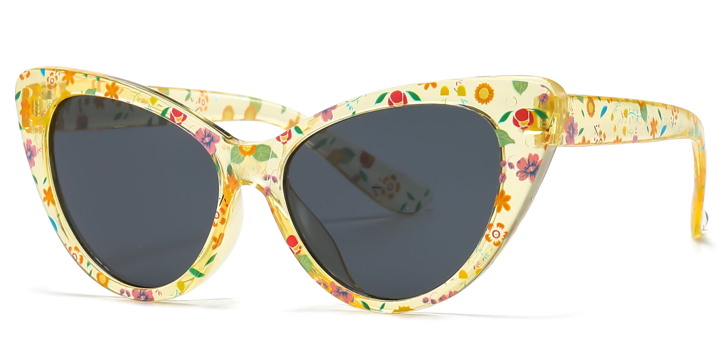 4903 - Kids Cat Eye Flower Print Plastic Sunglasses