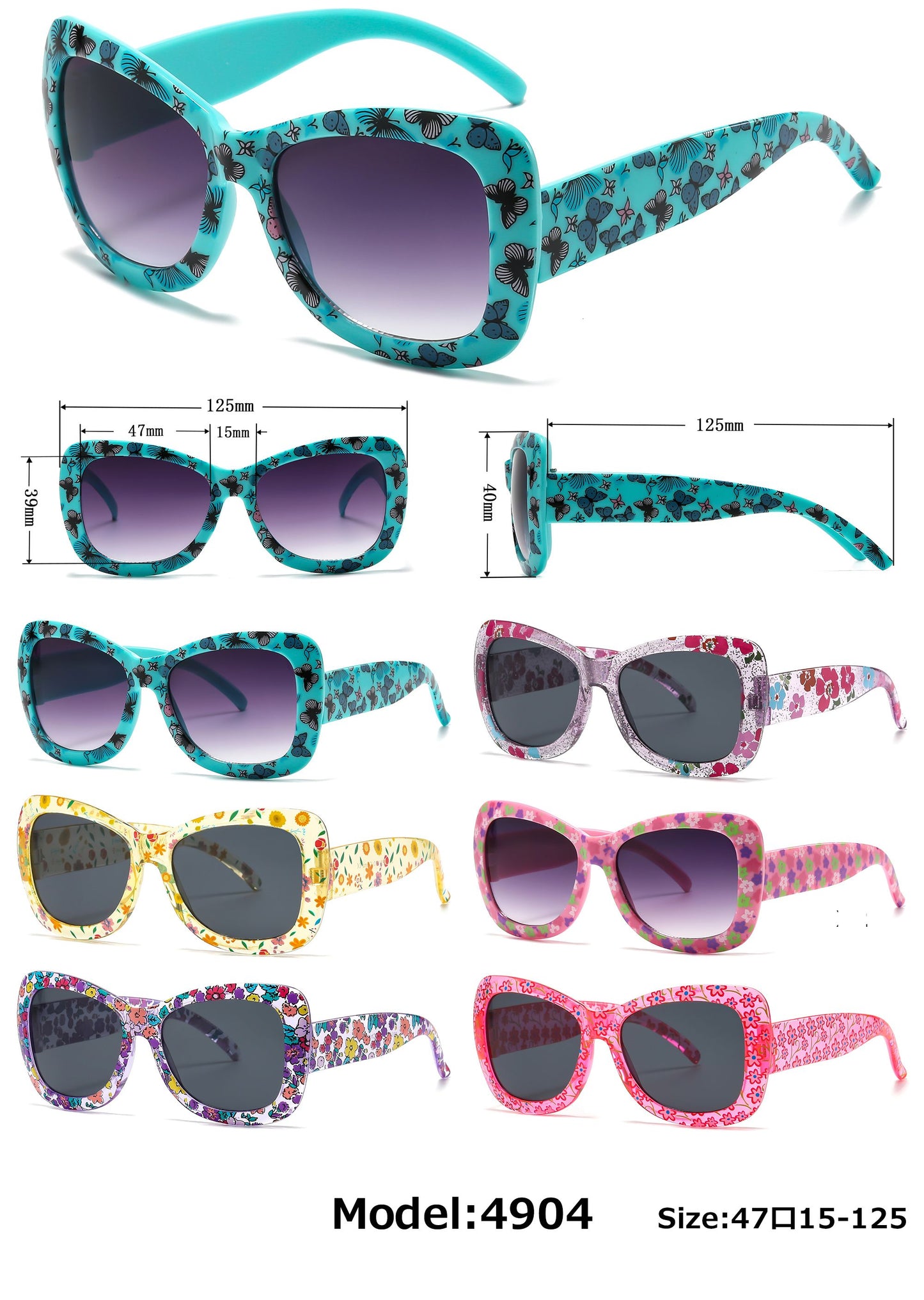 4904 - Kids Rectangular Flower Print Plastic Sunglasses