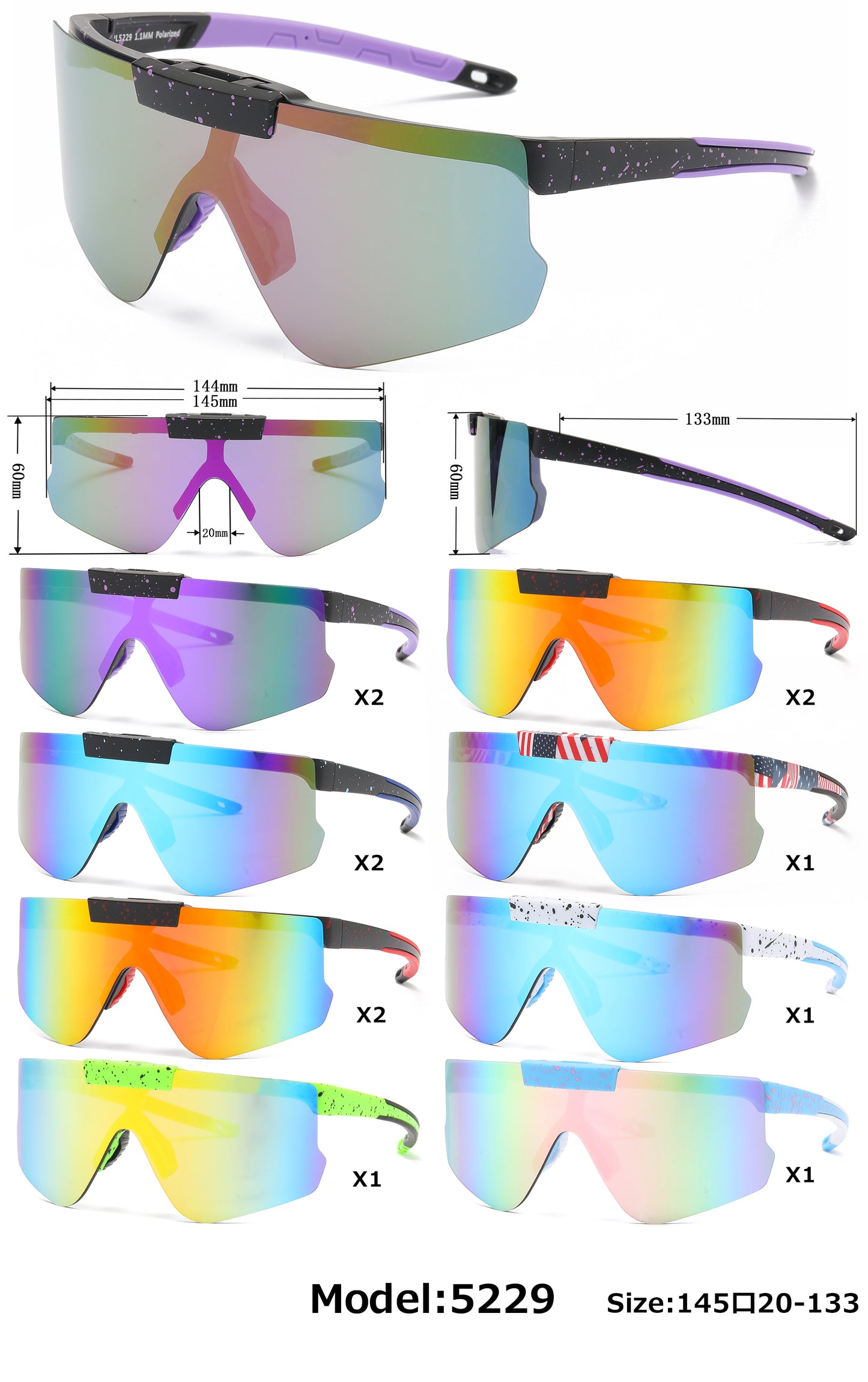 5229 - Plastic Flat Top One Piece Sports Rimless Sunglasses