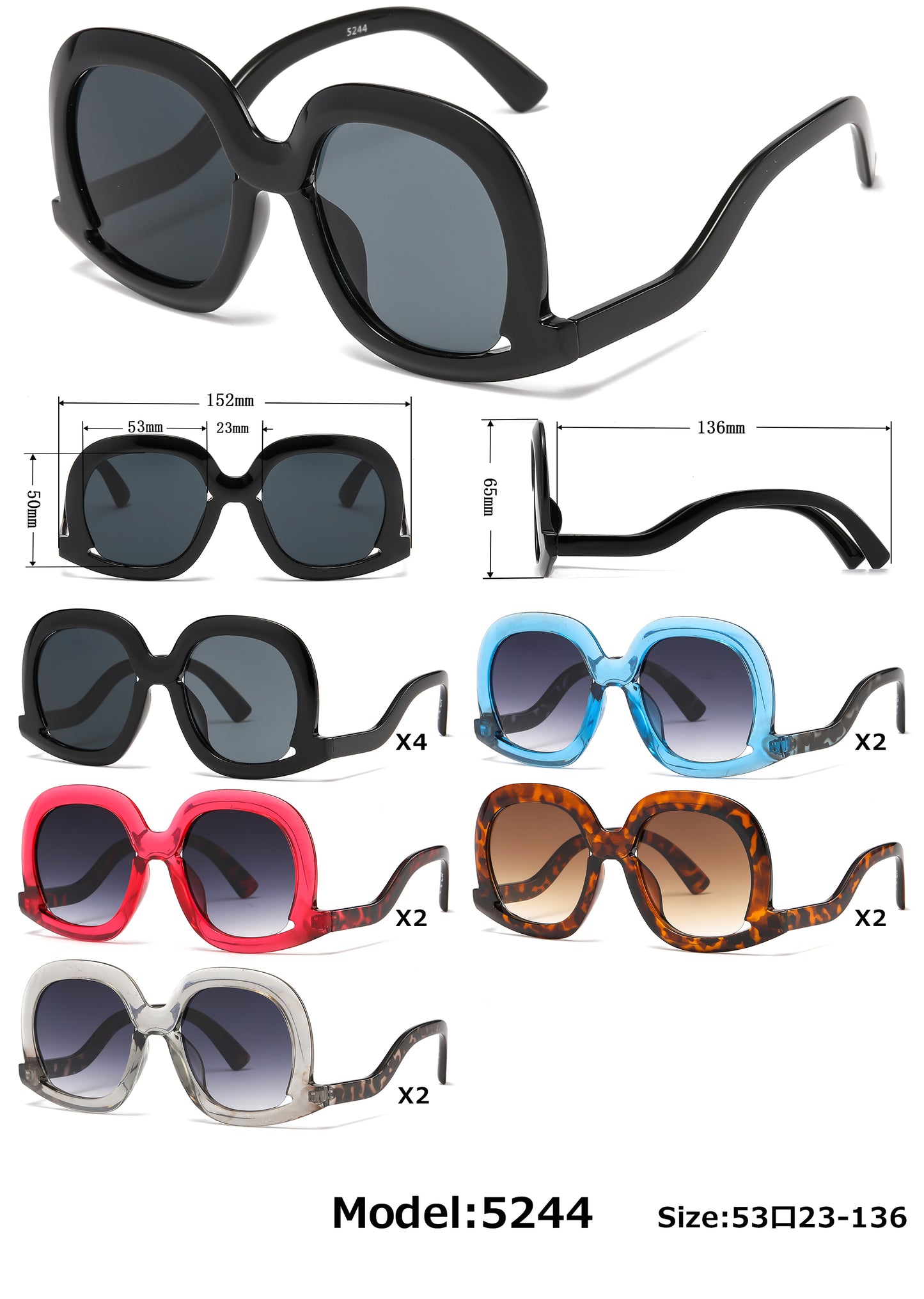 5244 - Fashion Plastic Sunglasses with Curved Temple
