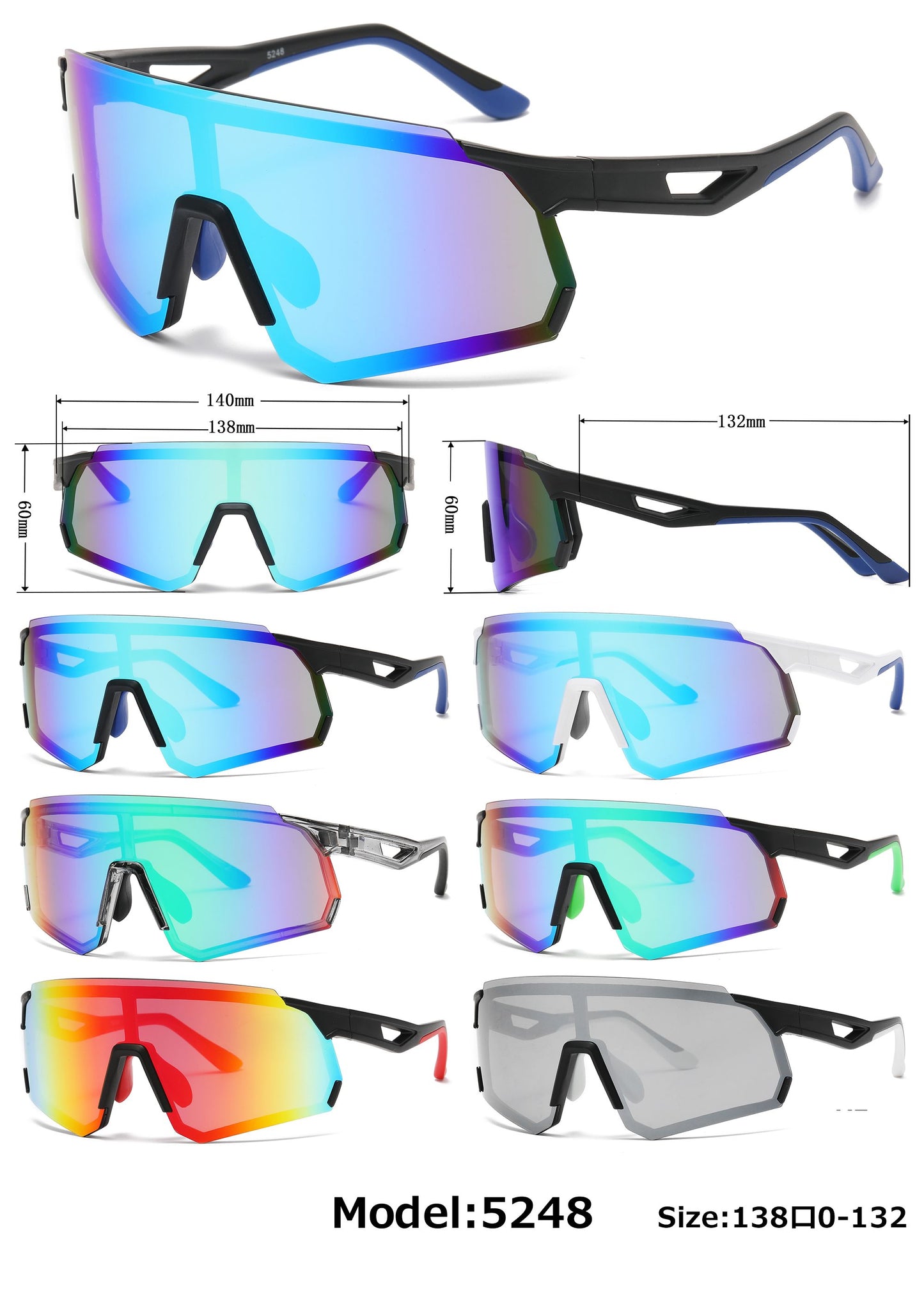 5248 - Plastic Wrap Around One Piece Shield Sunglasses