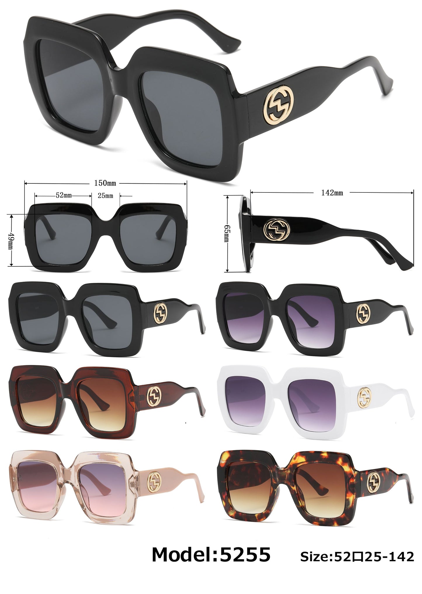 5255 - Large Fashion Women Plastic Sunglasses with Flat Lens