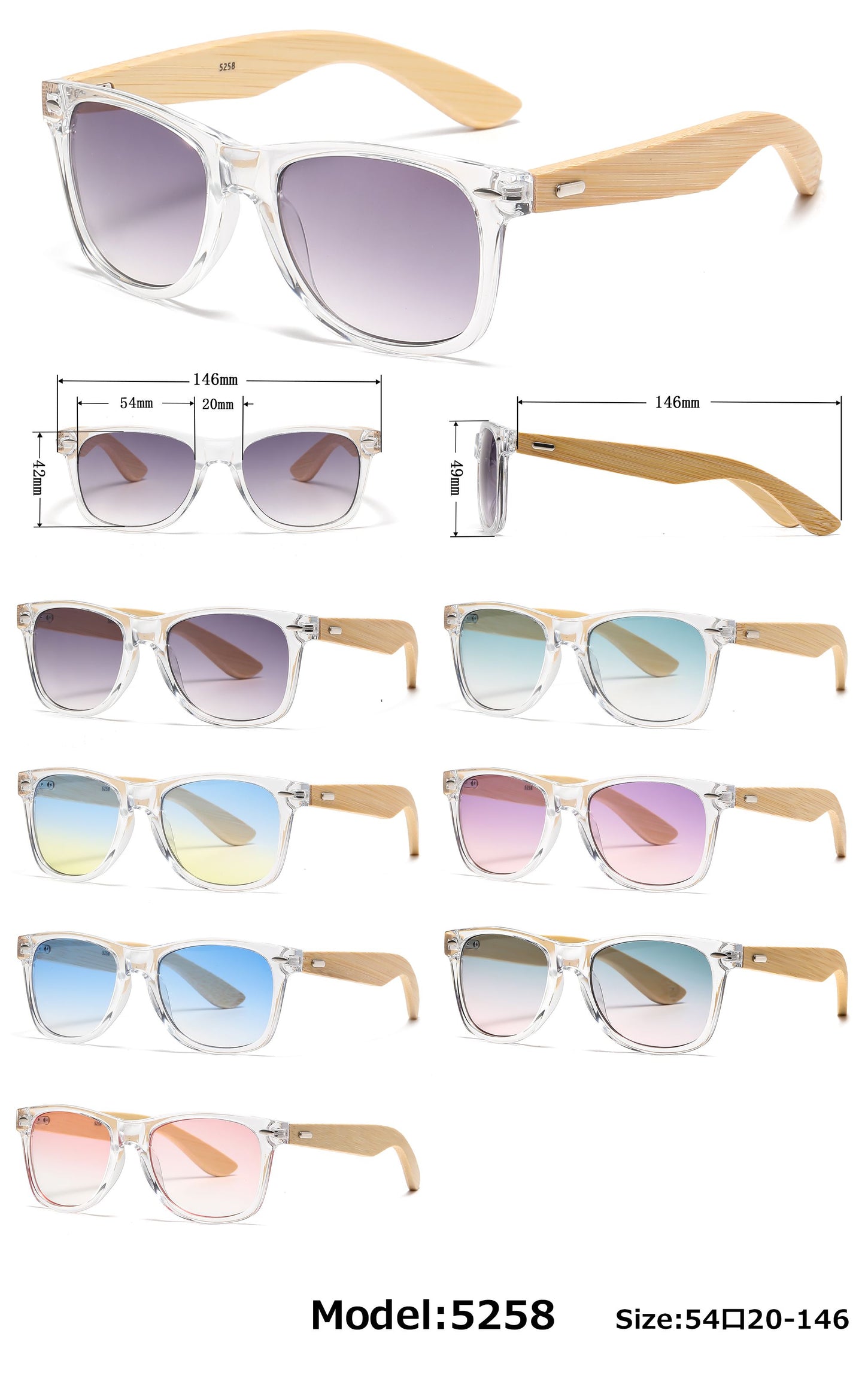 5258 Bamboo - Classic Horn Rimmed Bamboo Temple Plastic Sunglasses