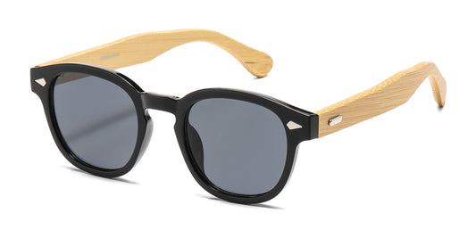 5259 Bamboo - Round Plastic Frame with Key Hole Bamboo Temple Sunglasses