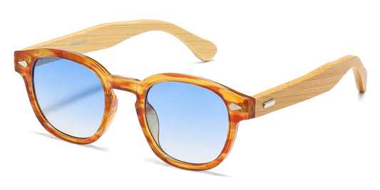 5259 Bamboo - Round Plastic Frame with Key Hole Bamboo Temple Sunglasses