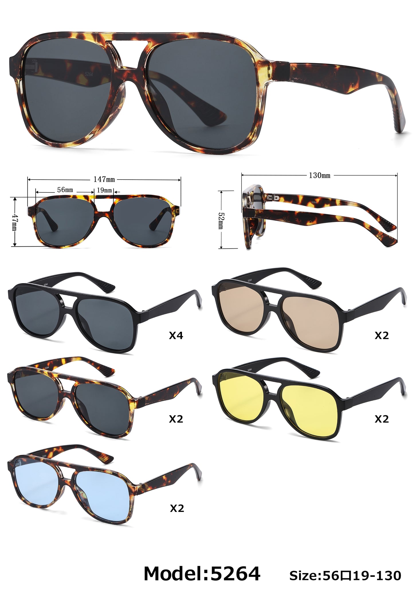 5264 - Flat Top Aviator Plastic Sunglasses