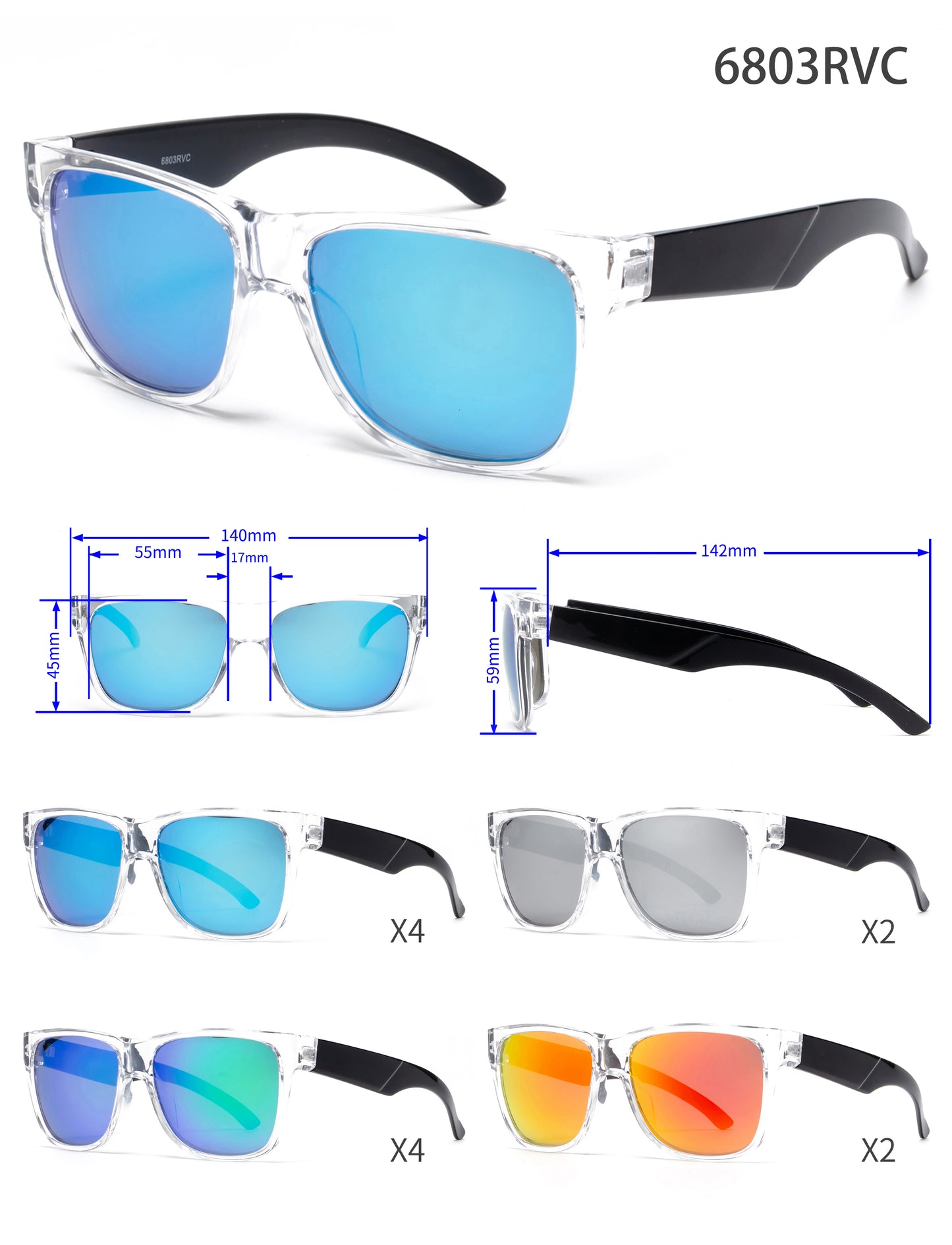 6803 RVC - Classic Sport with Clear Frame and Color Mirror Lens Plastic Sunglasses