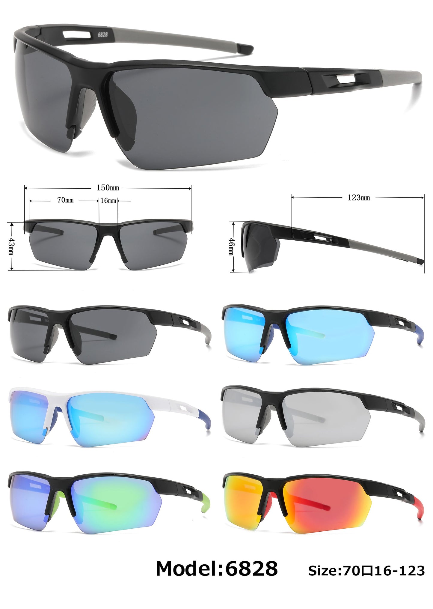 6828 - Semi Rimless Sport Plastic Sunglasses