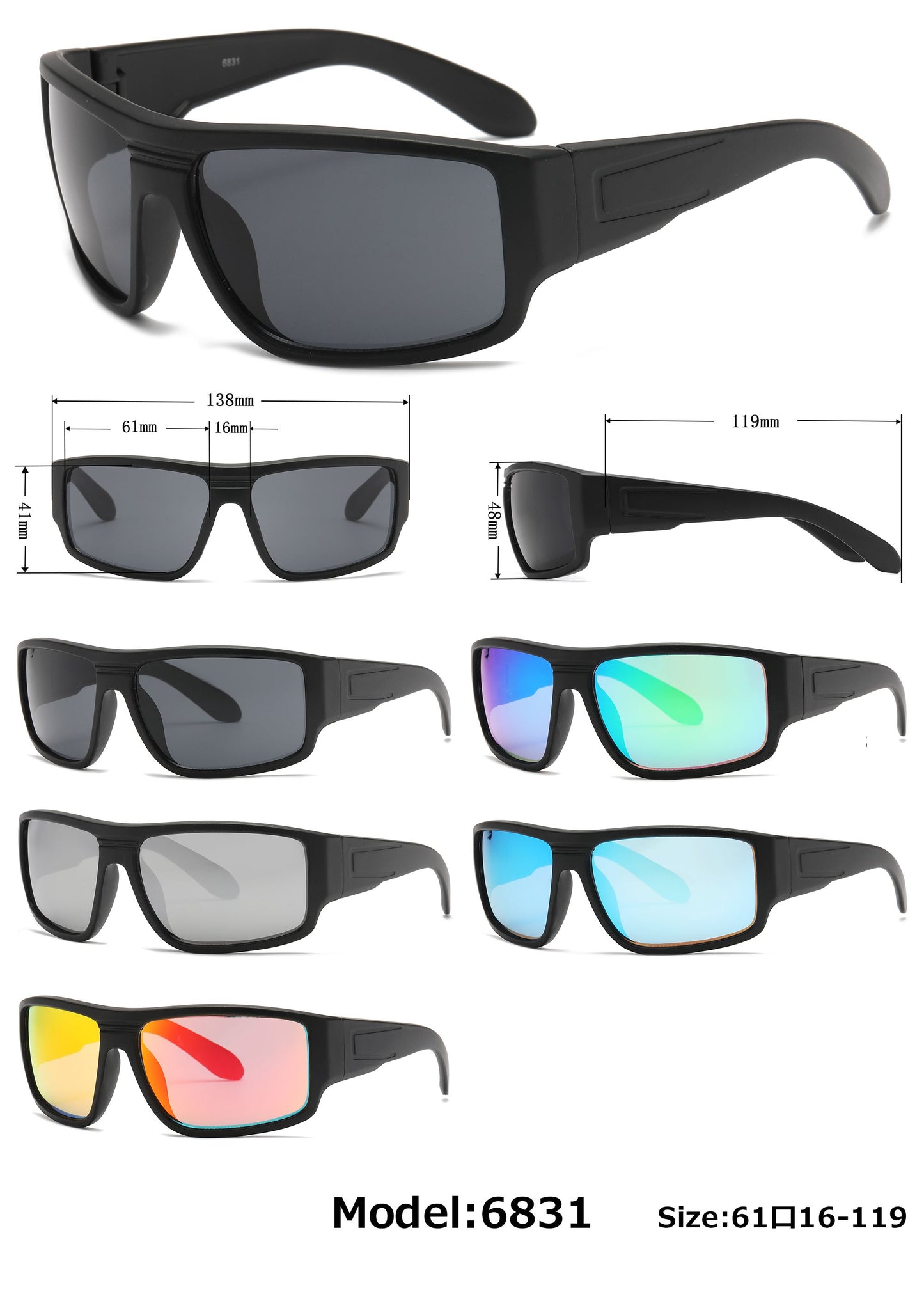 6831 - Rectangular Sports Plastic Sunglasses