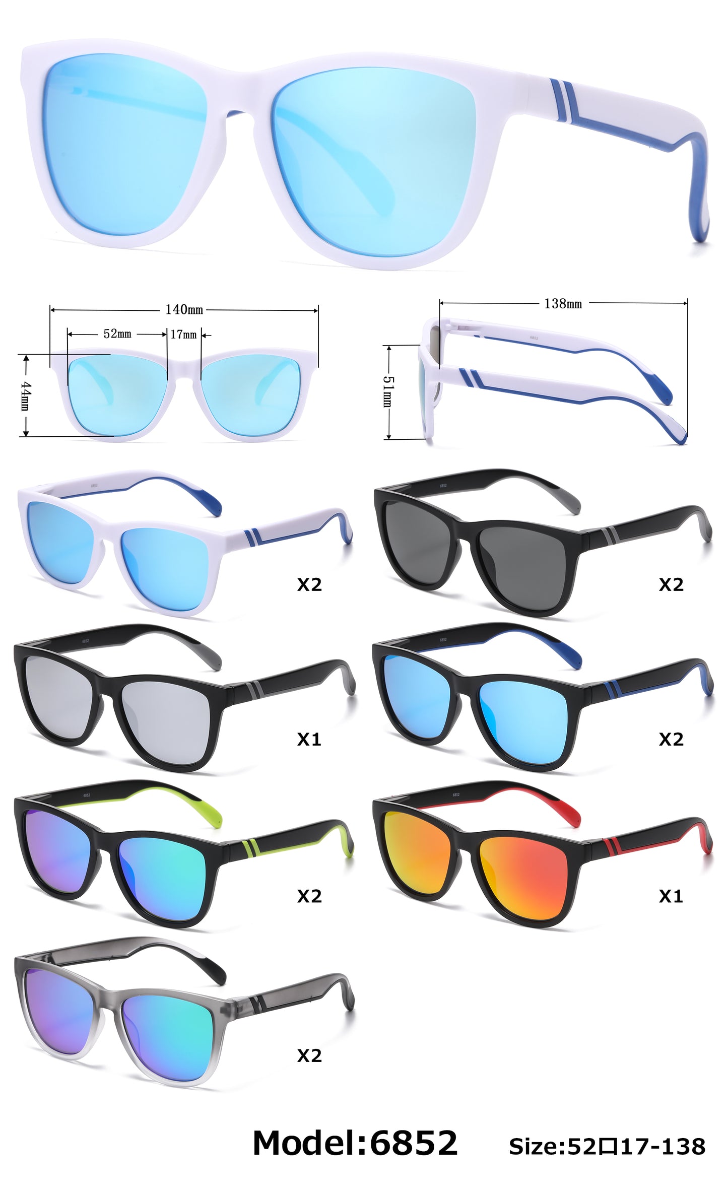 6852 - Classic Sport with Color Mirror Lens Plastic Sunglasses