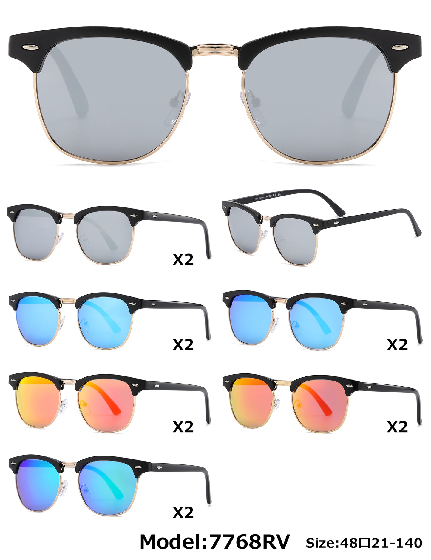 7768 RVC - Classic Horn Rimmed Half Color Frame Metal Bridge Plastic Sunglasses