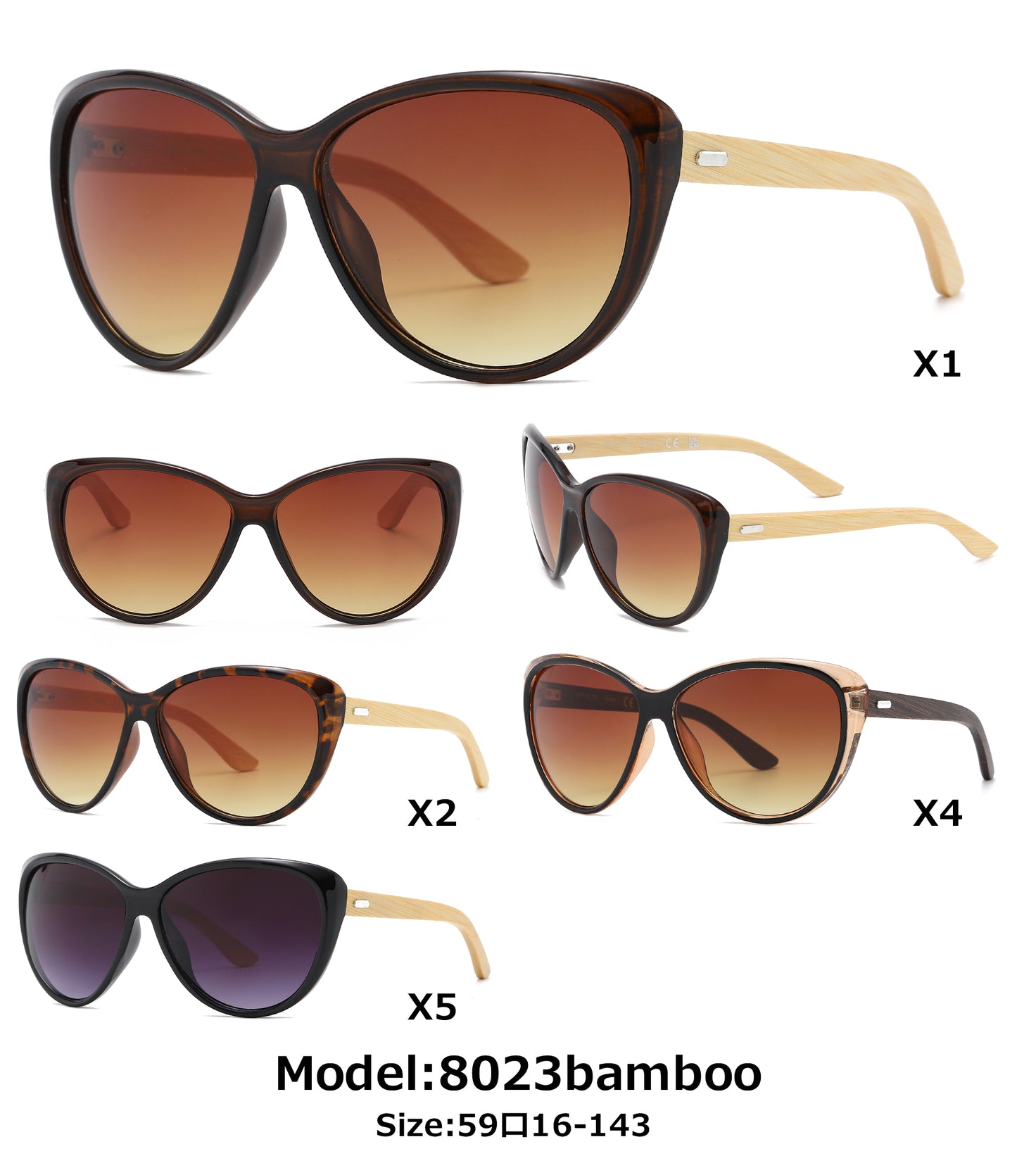 8023 Bamboo - Plastic Cat Eye Bamboo Sunglasses