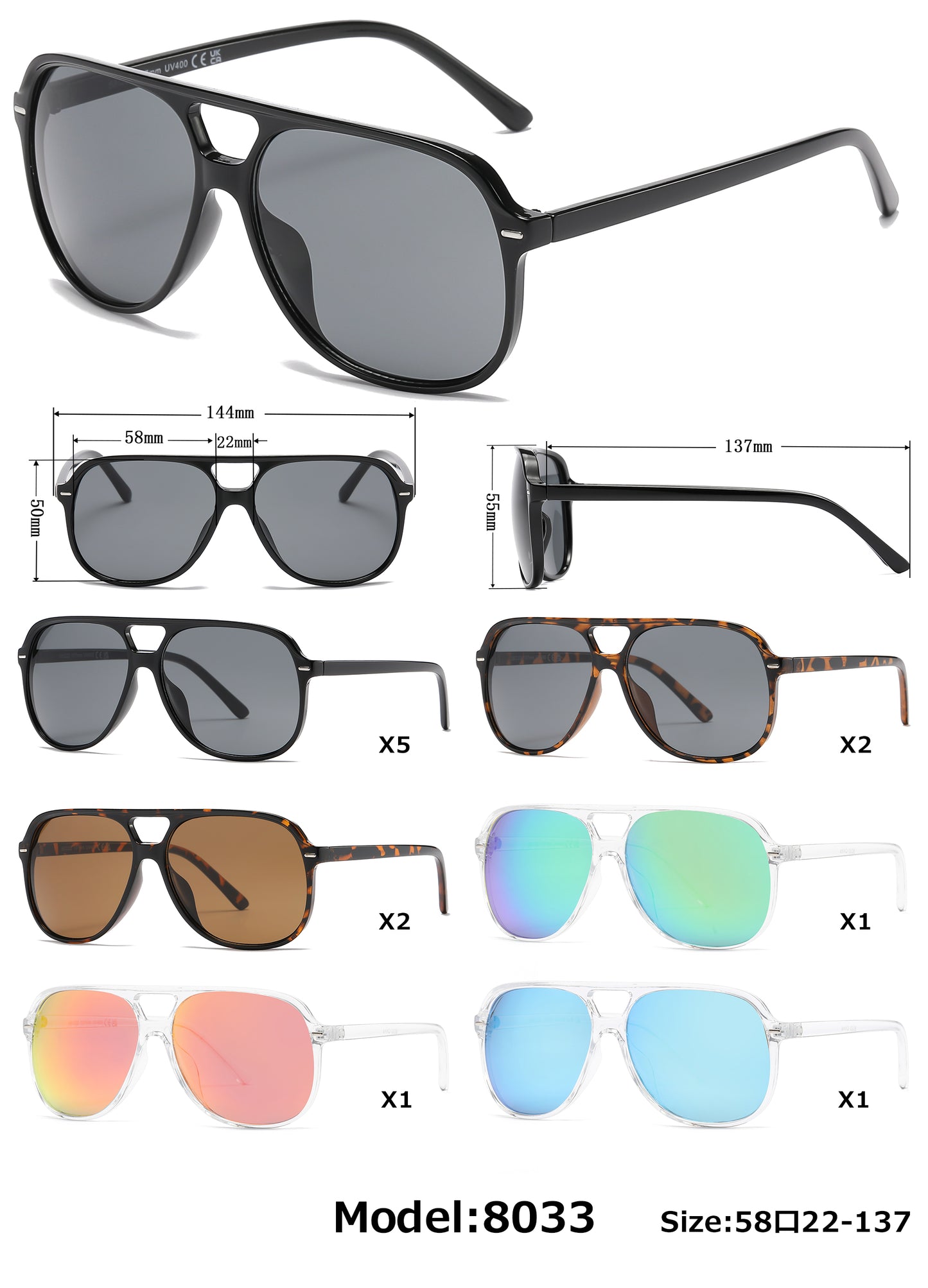 8033 - Plastic Flat Top Fashion Sunglasses