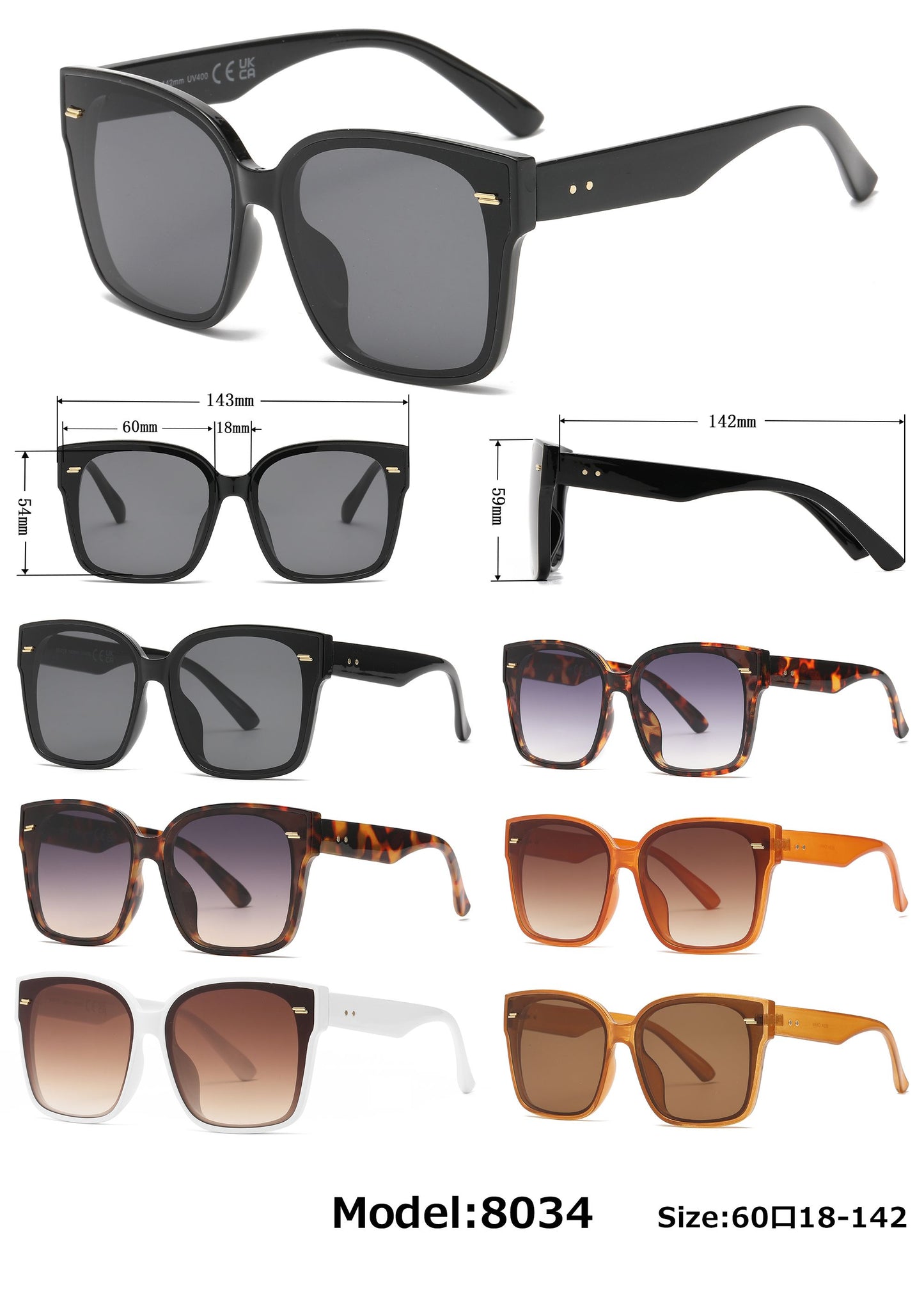 8034 - Plastic Square Butterfly Sunglasses with Flat Lens