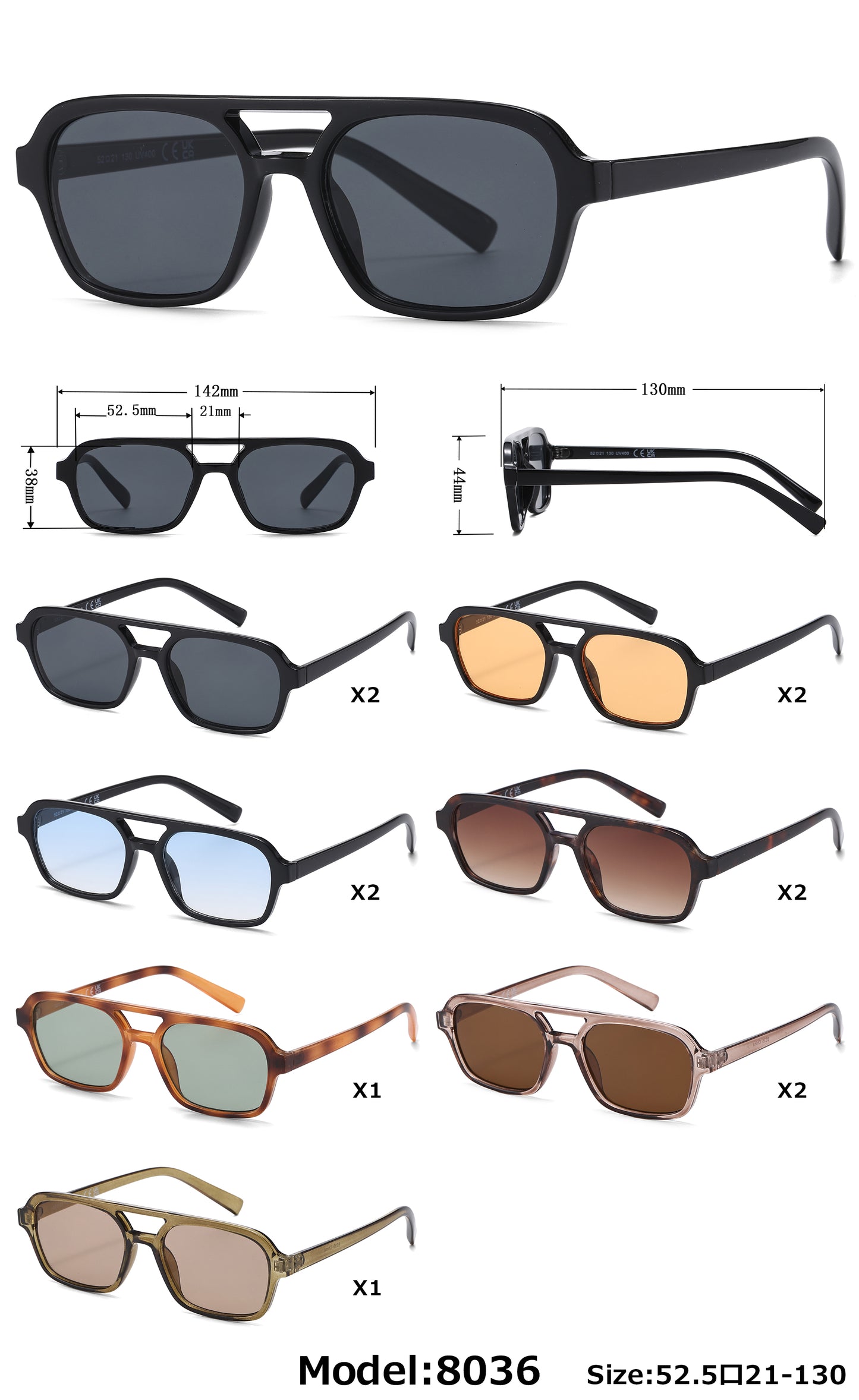 8036 - Square Aviator Plastic Sunglasses
