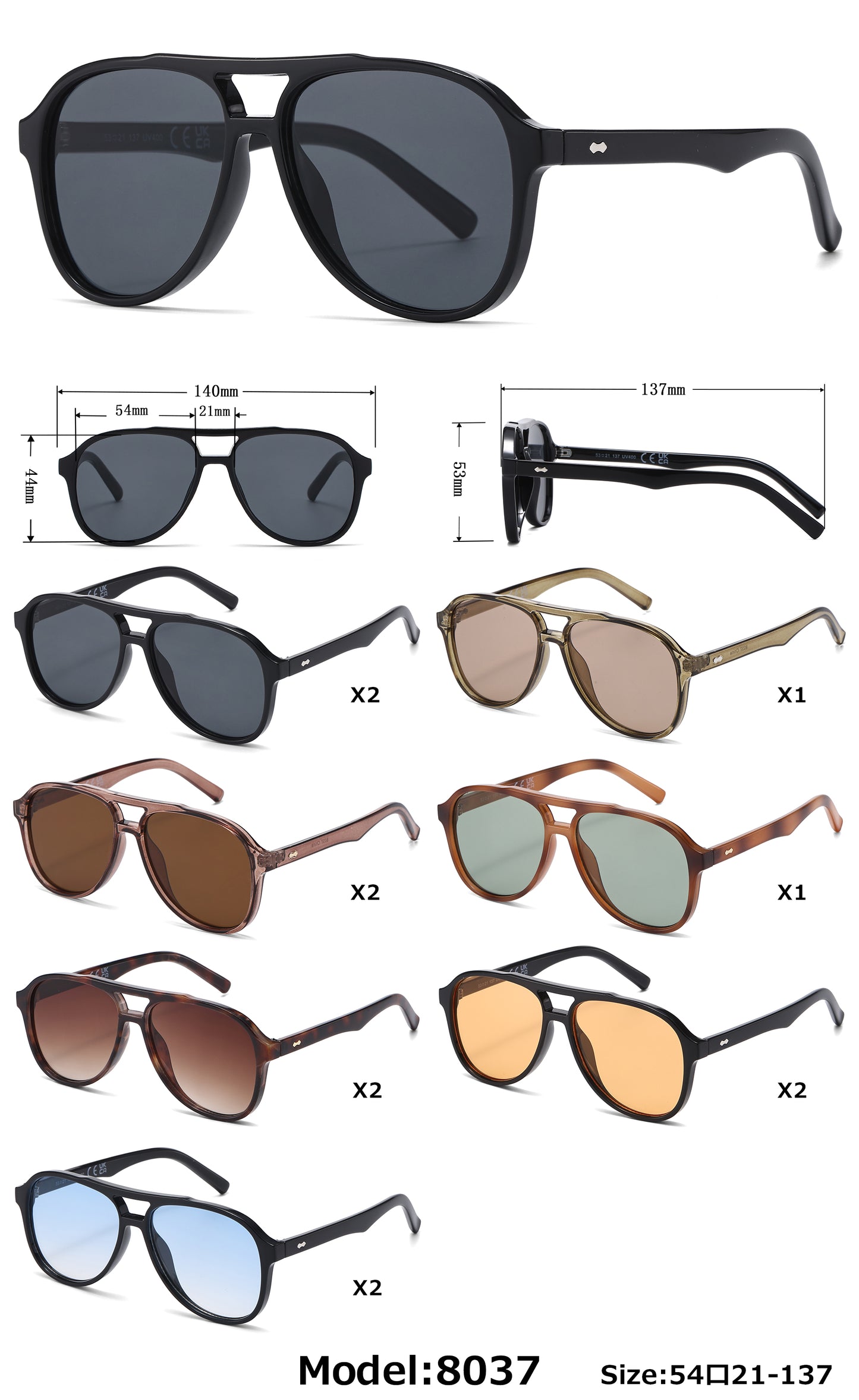 8037 - Aviator with Brow Bar Flat Lens Plastic Sunglasses