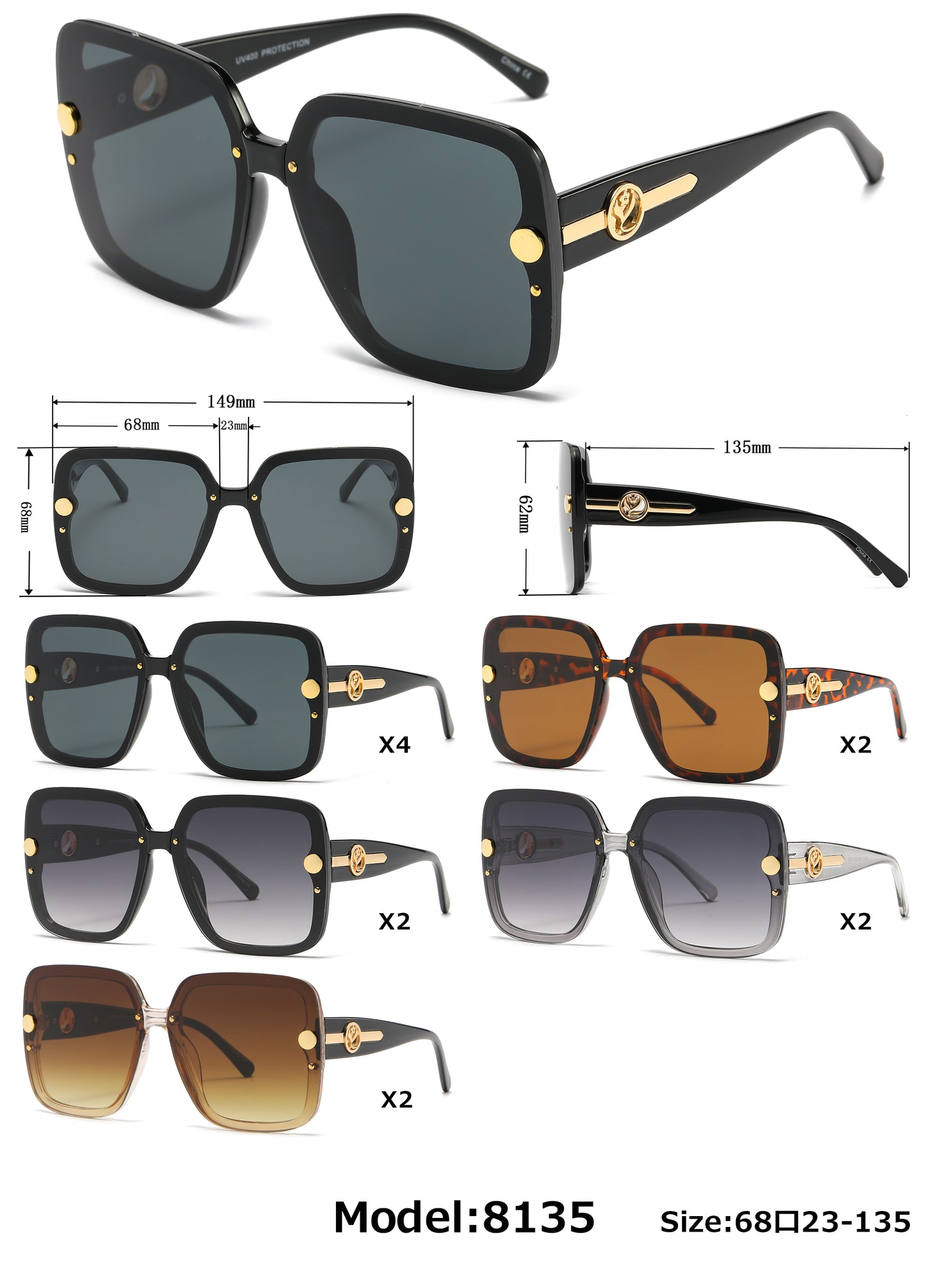 8135 - Plastic Square Sunglasses with Flat Lens