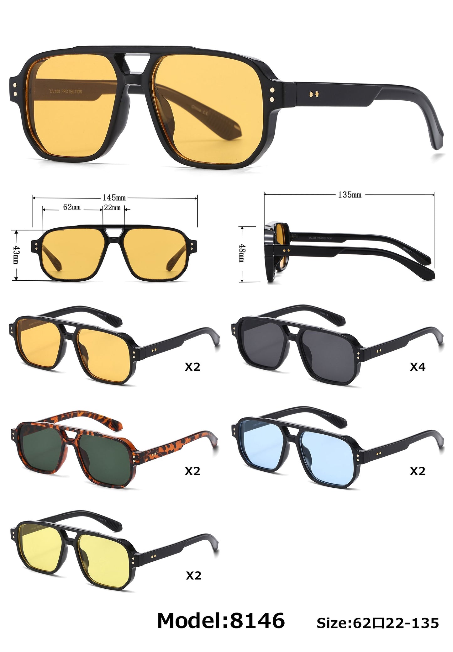 8146 - Square Aviator Plastic Sunglasses