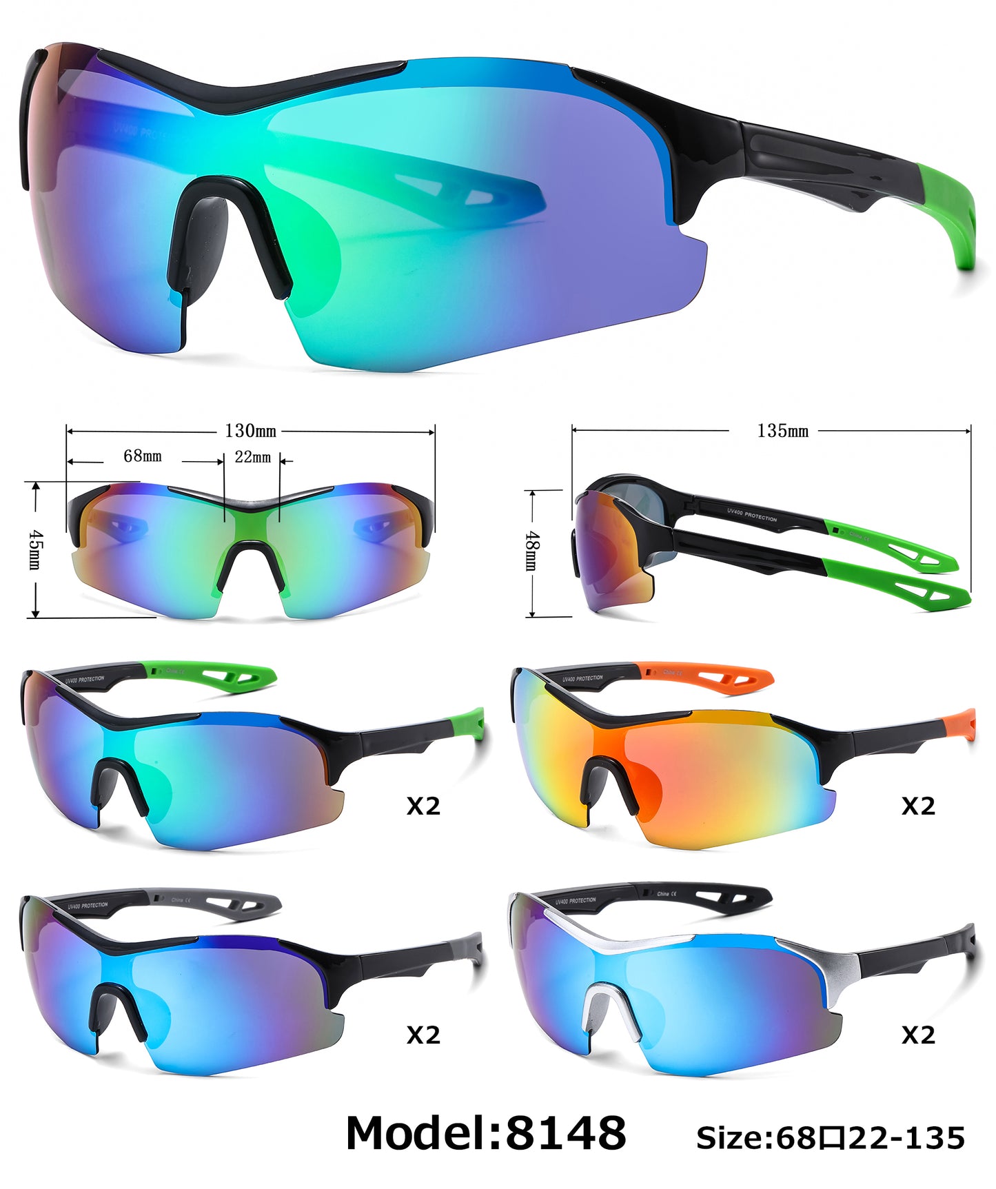 8148 - Semi Rimless Sport Men Plastic Sunglasses with Color Mirror Lens