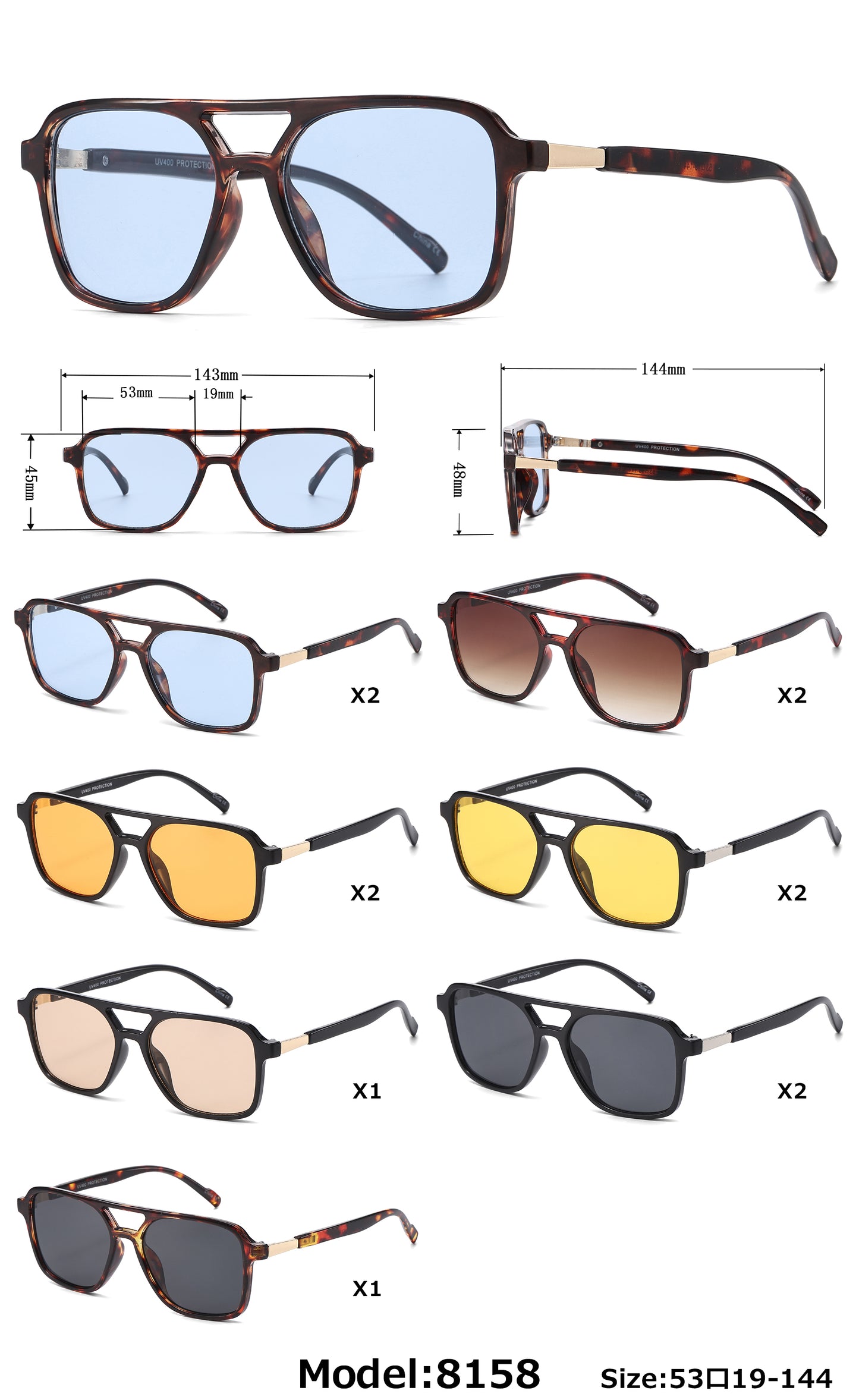 8158 - Brow Bar Square Aviator Plastic Sunglasses
