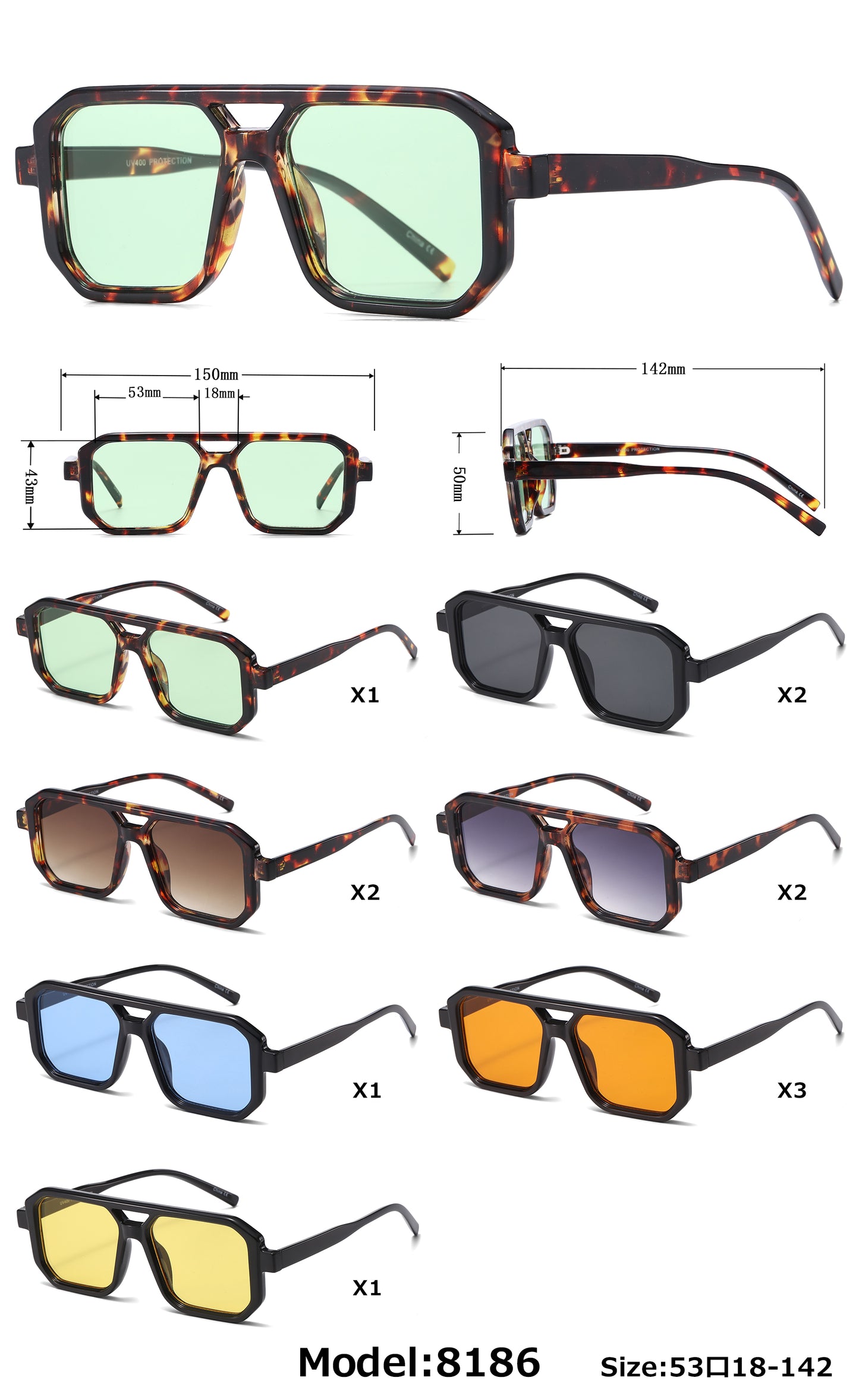 8186 - Squared Fashion Aviator Plastic Sunglasses