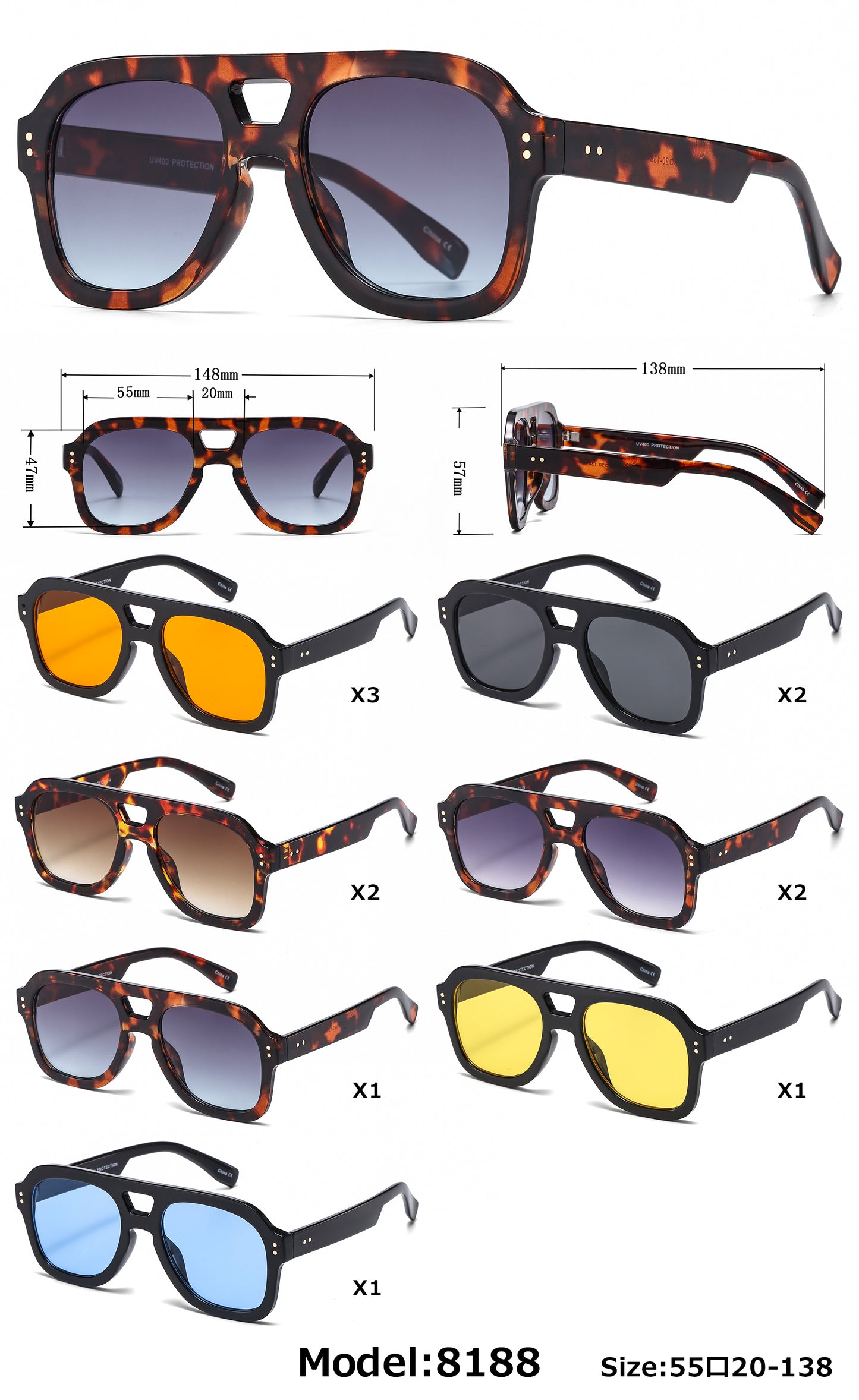 8188 - Bold Square Aviator Plastic Sunglasses