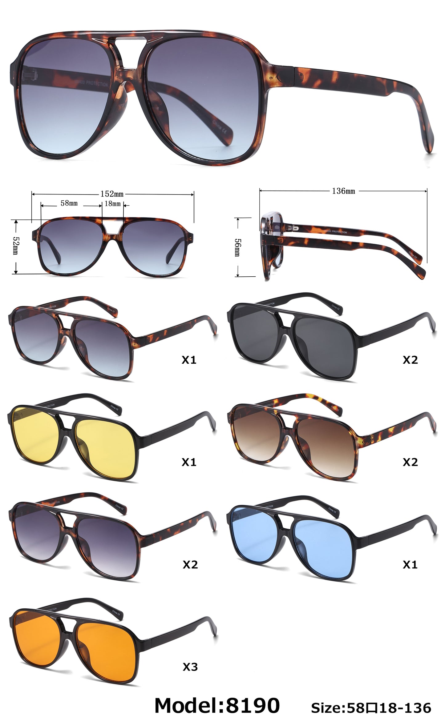 8190 - Plastic Flat Top Aviator Sunglasses