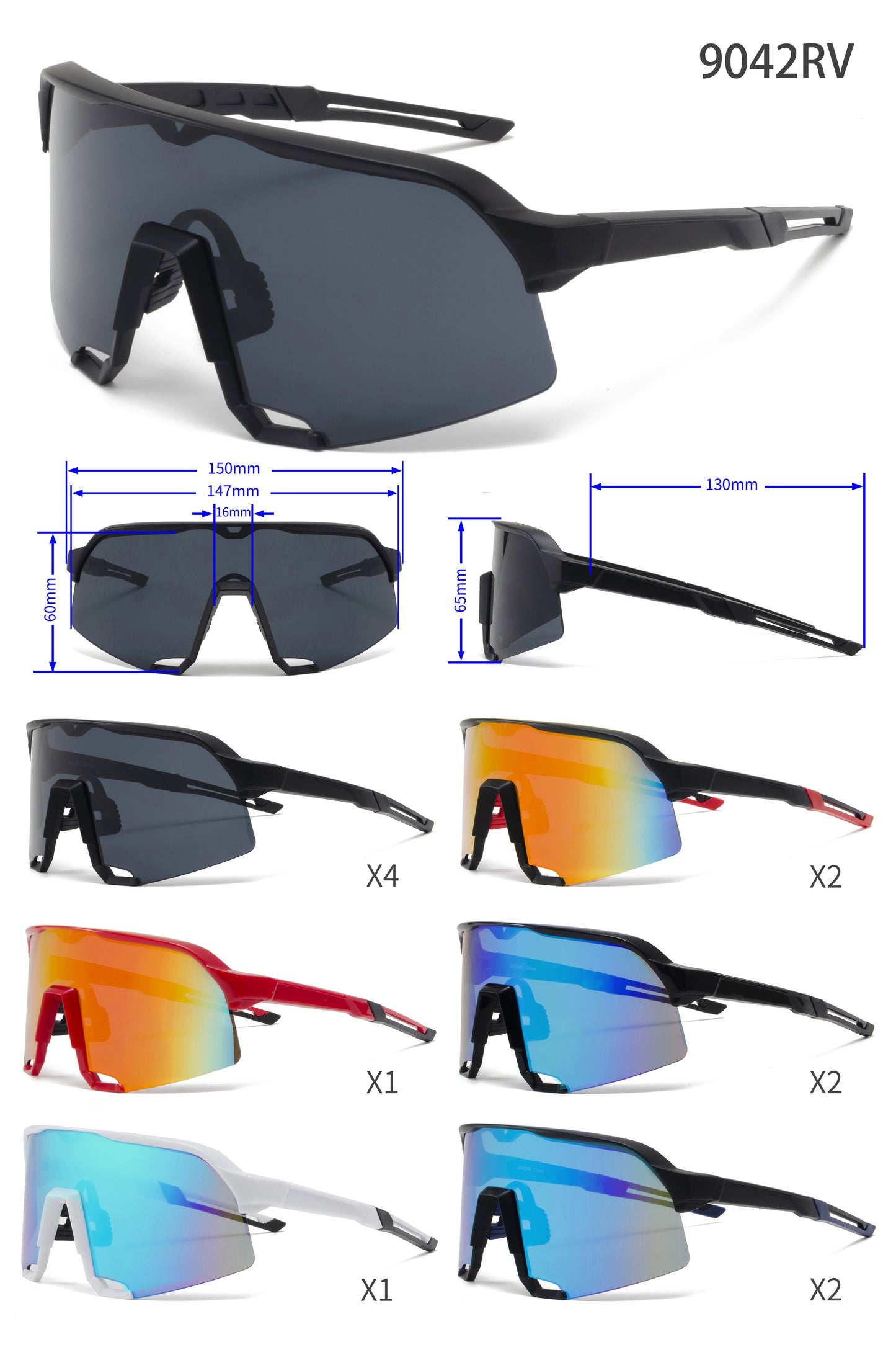 9042 RV - Plastic Sports Sunglasses with Color Mirror Lens