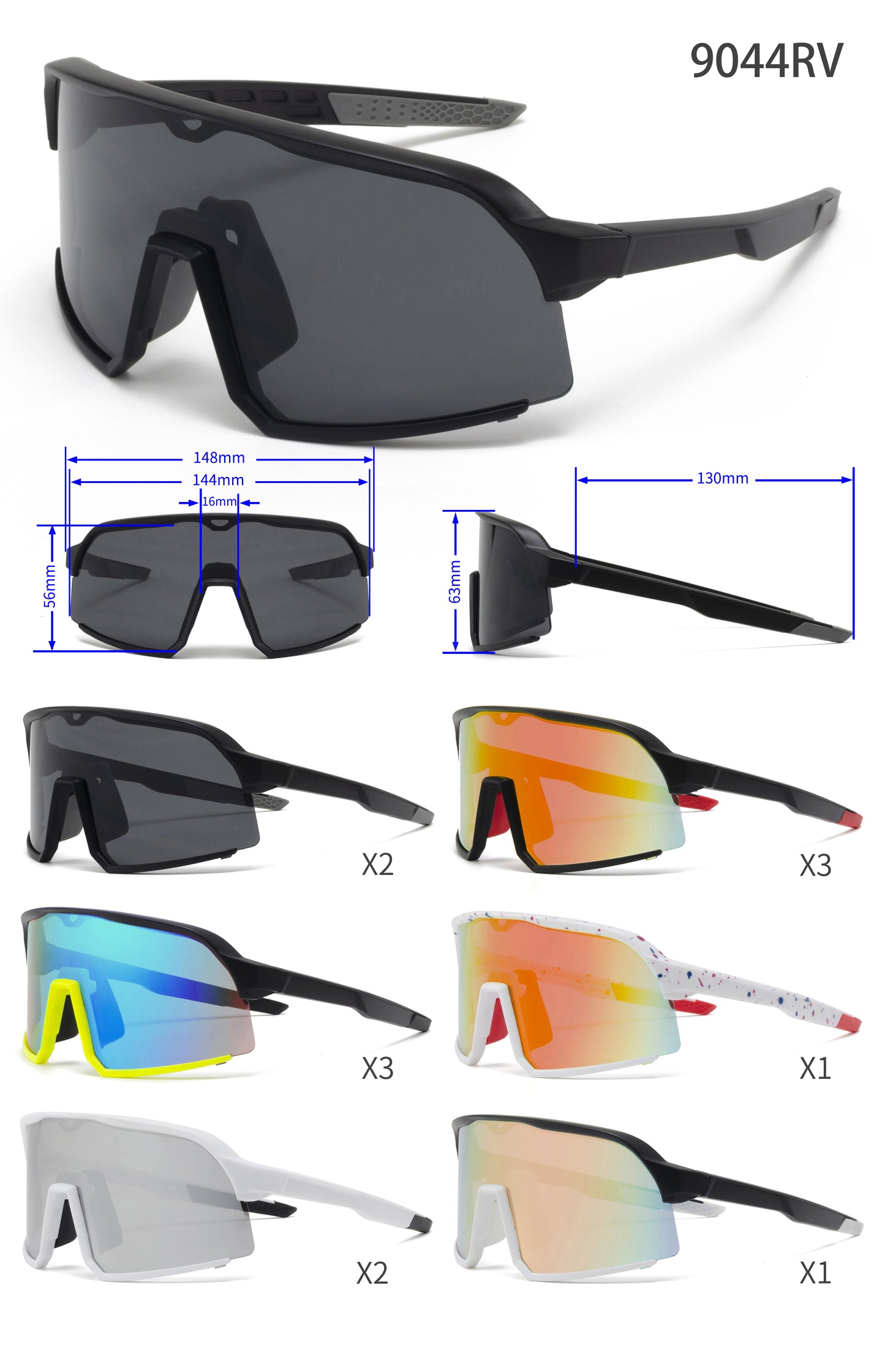 9044 RV - One Piece Color Mirrored Lens Plastic Sports Sunglasses