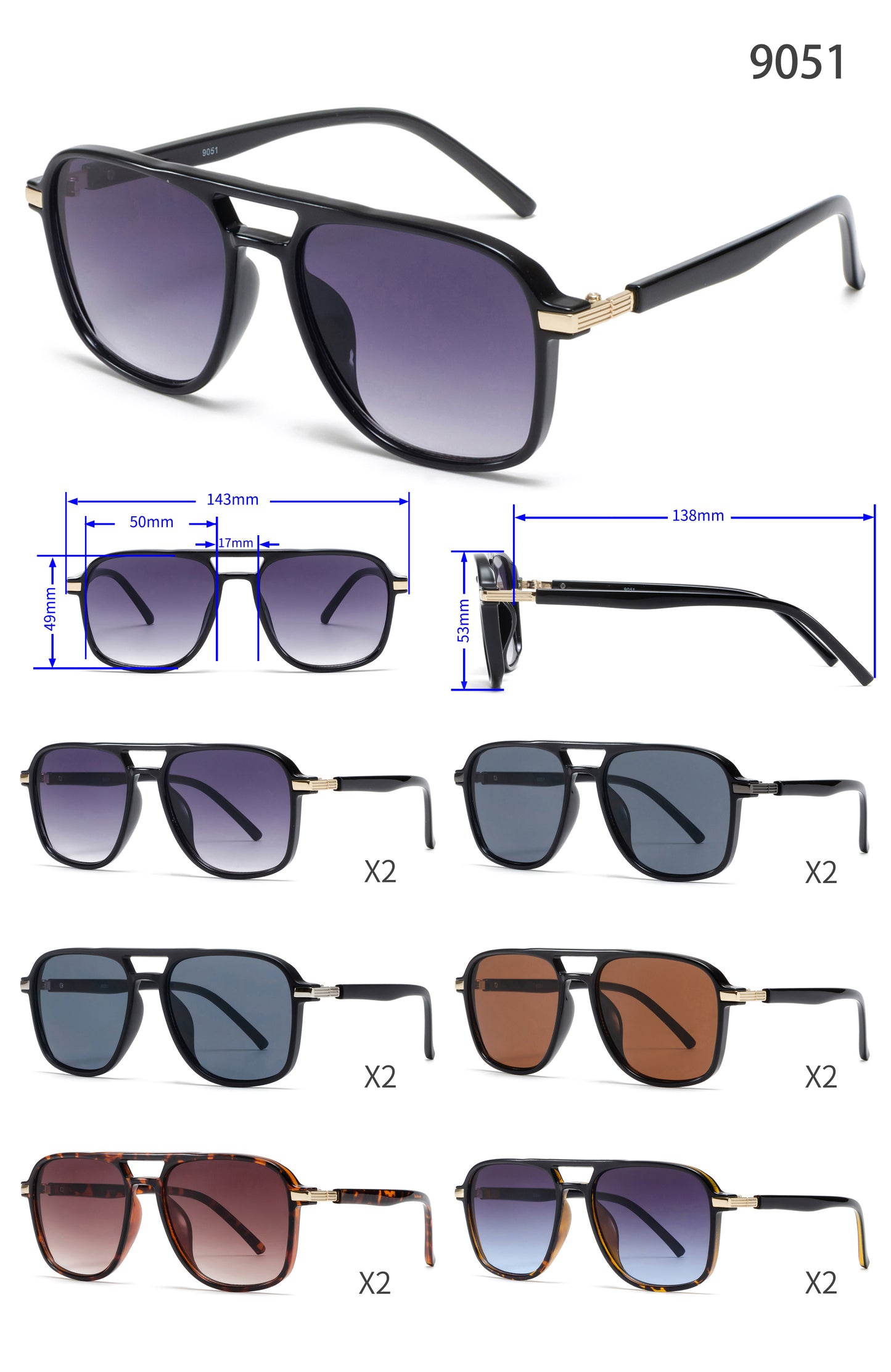 9051 - Classic Square Aviator Fashion Plastic Sunglasses