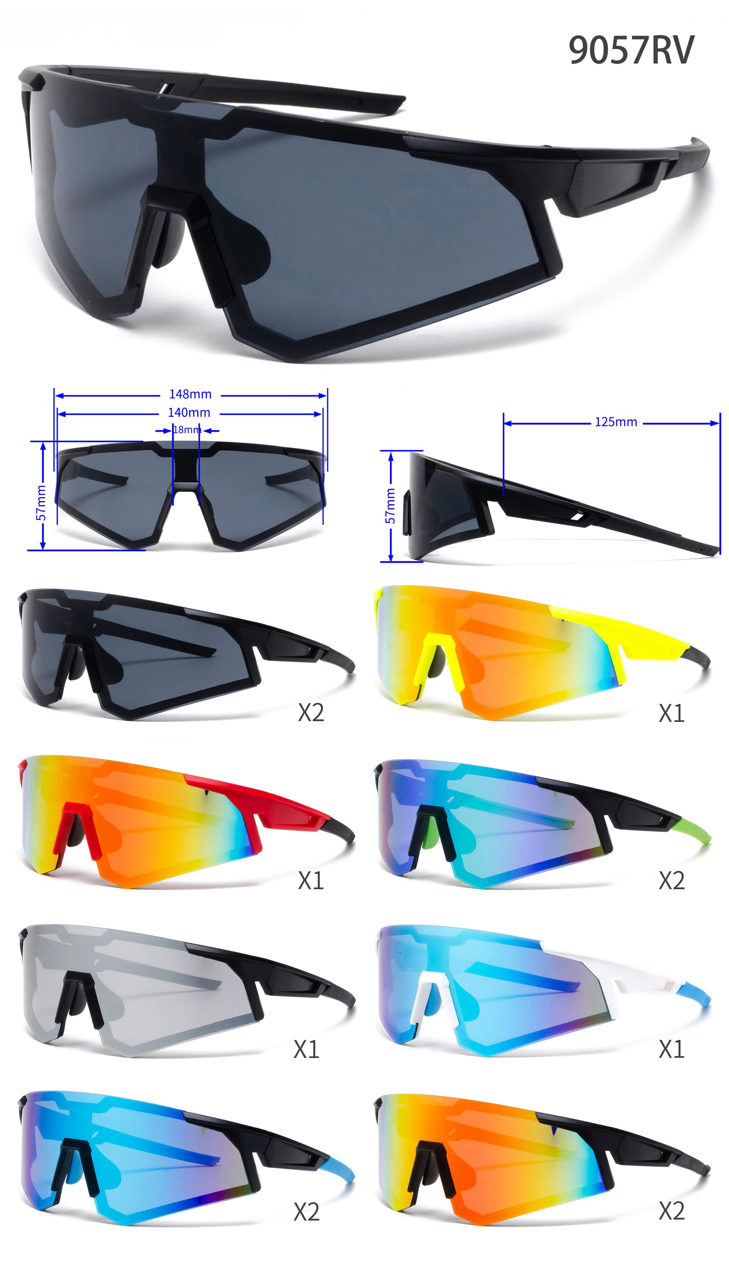 9057 RVC - Plastic Sports One Piece Shield Sunglasses with Color Mirror Lens