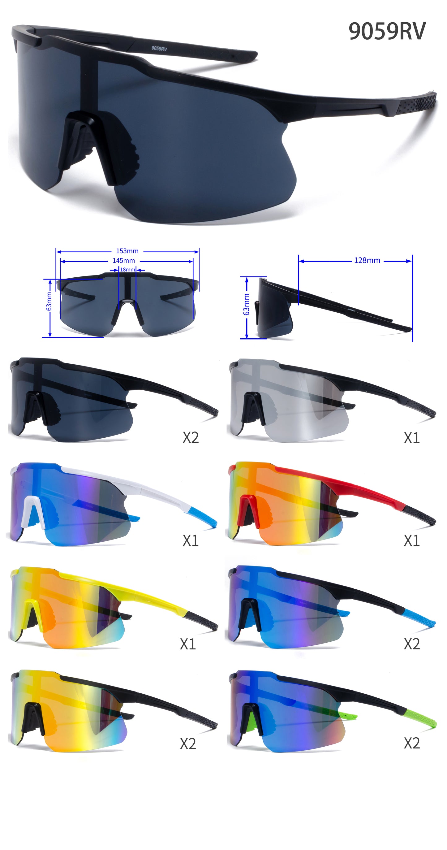 9059 RVC - Plastic Sports One Piece Shield Sunglasses with Color Mirror Lens