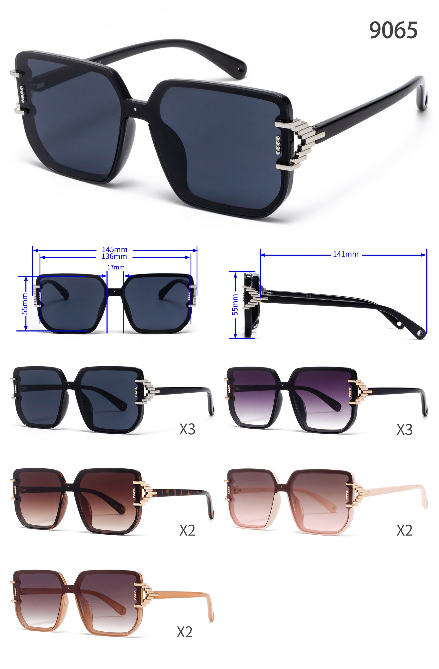 9065 - Rimless Square Frame Plastic Sunglasses
