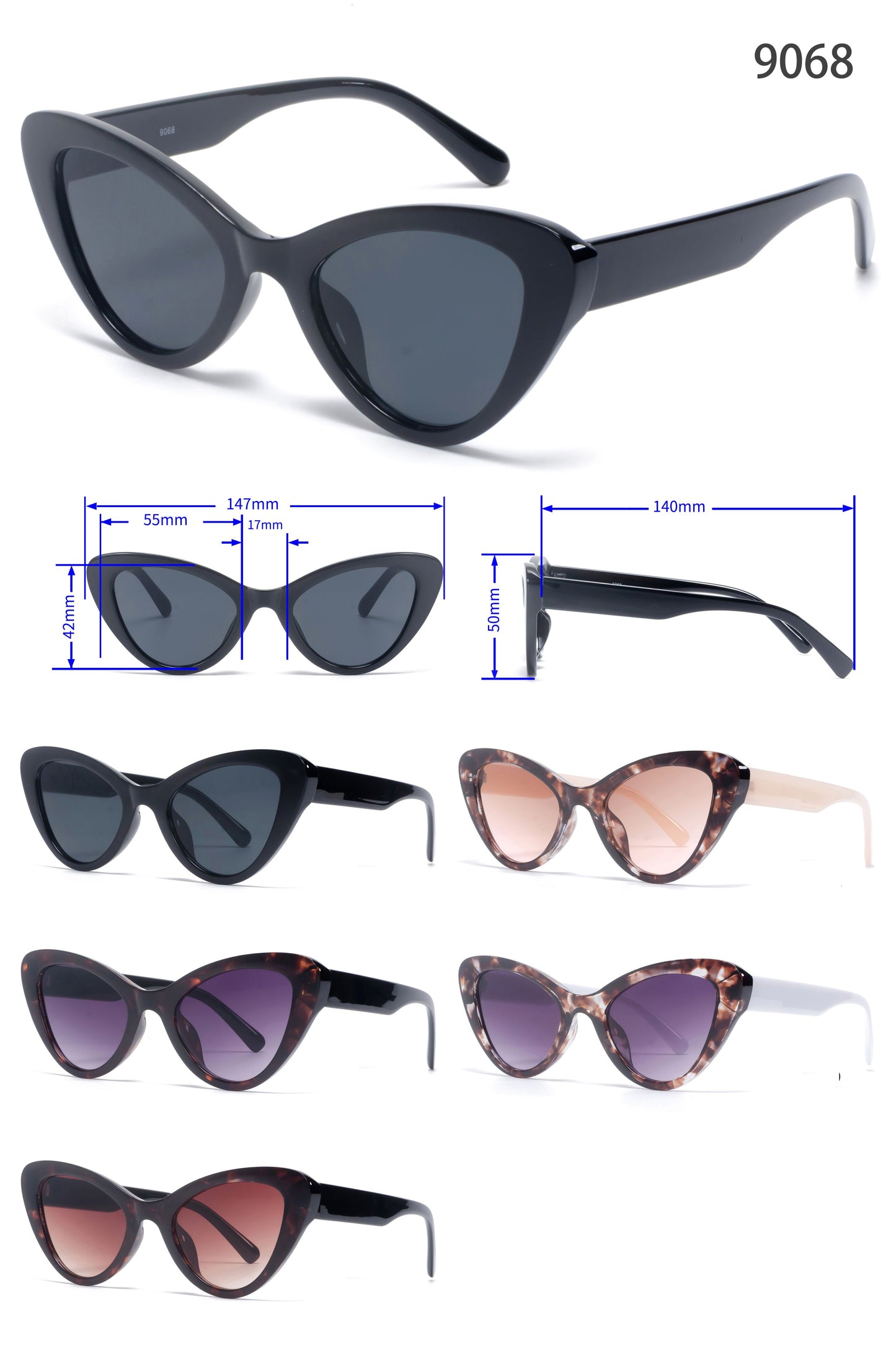 9068 - Angled Cat Eye Plastic Sunglasses