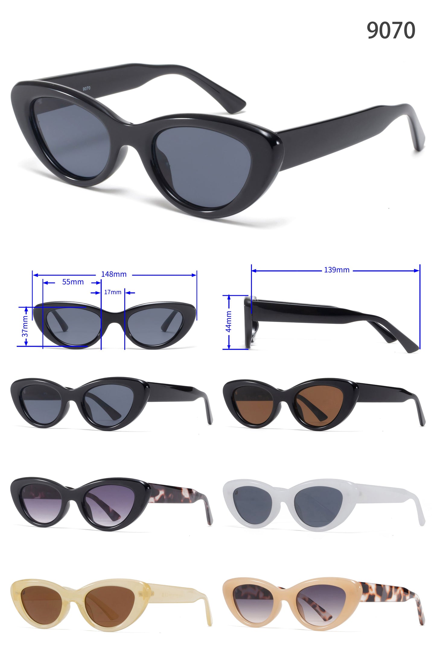 9070 - Small Angled Cat Eye Plastic Sunglasses