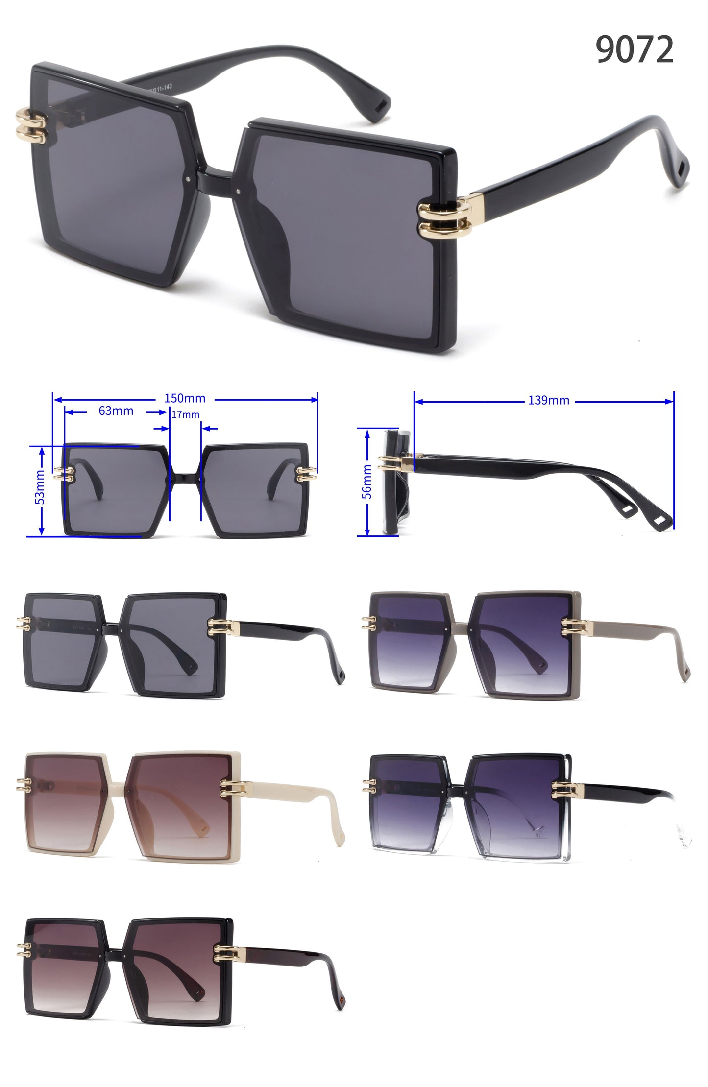 9072 - Square Plastic Sunglasses with Flat Lens