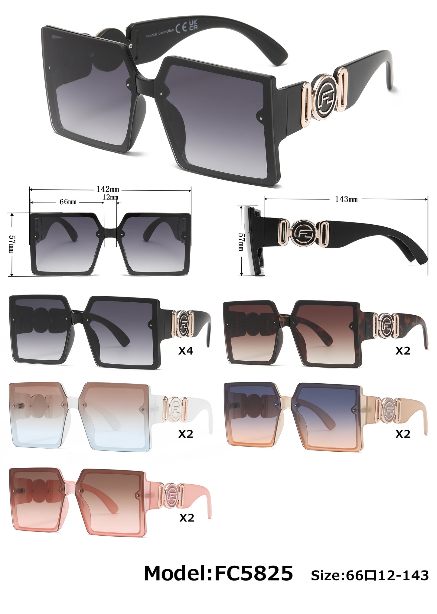 FC 5825 - Large Square with Metal Accent Temple Plastic Sunglasses