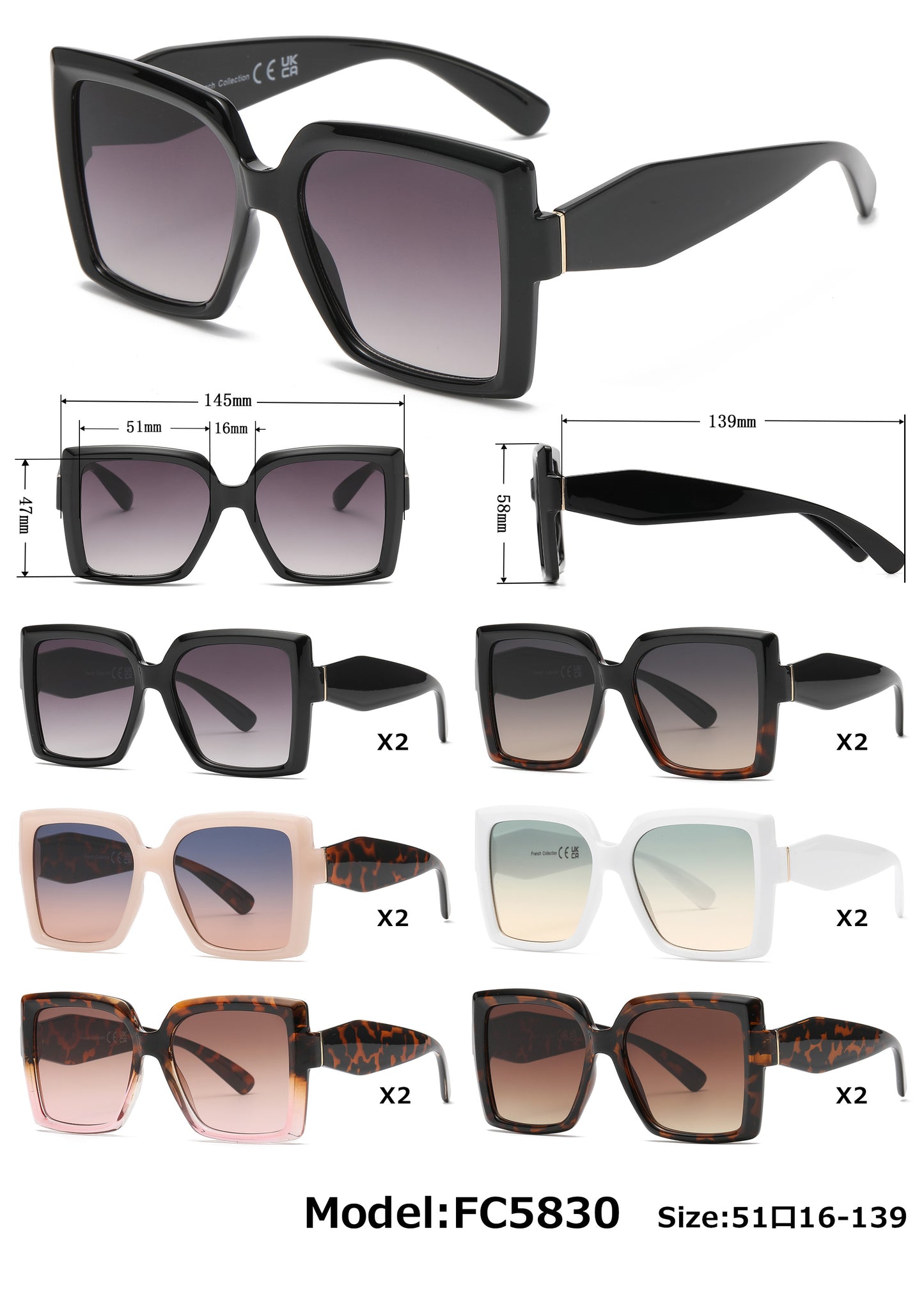 FC 5830 - Plastic Square Butterfly Sunglasses