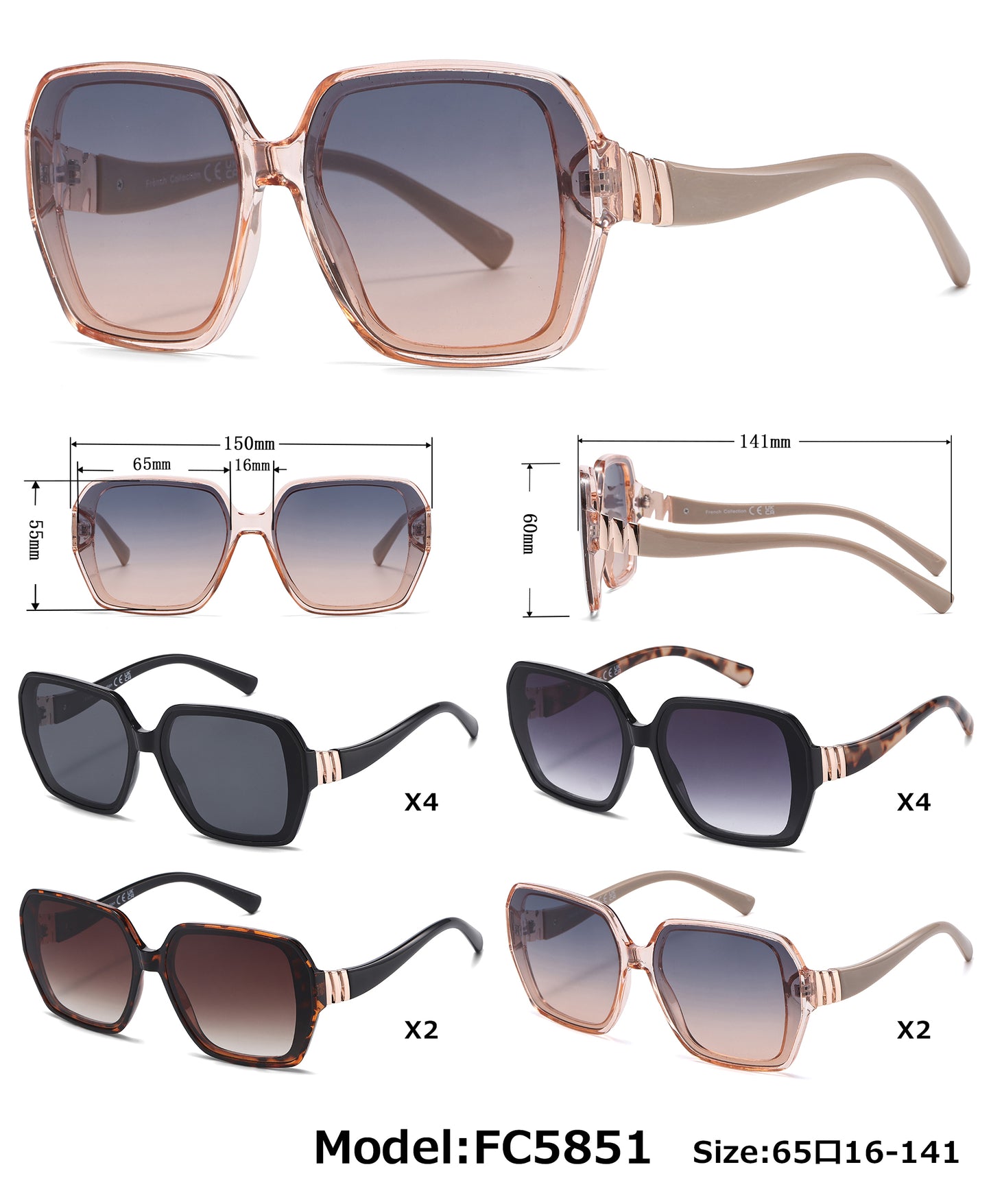 FC 5851 - Large Square Plastic Sunglasses with Curved Temple