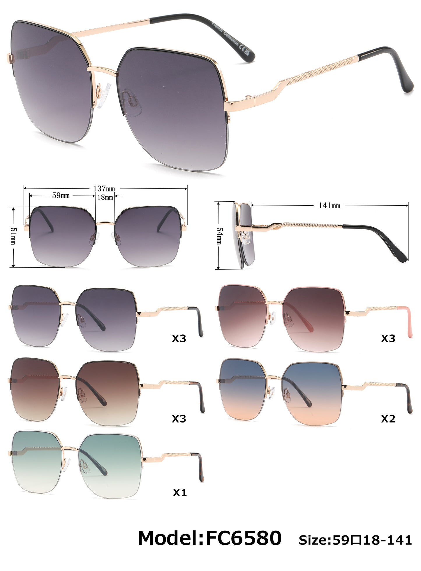 FC 6580 - Fashion Metal Semi-rimless sunglasses
